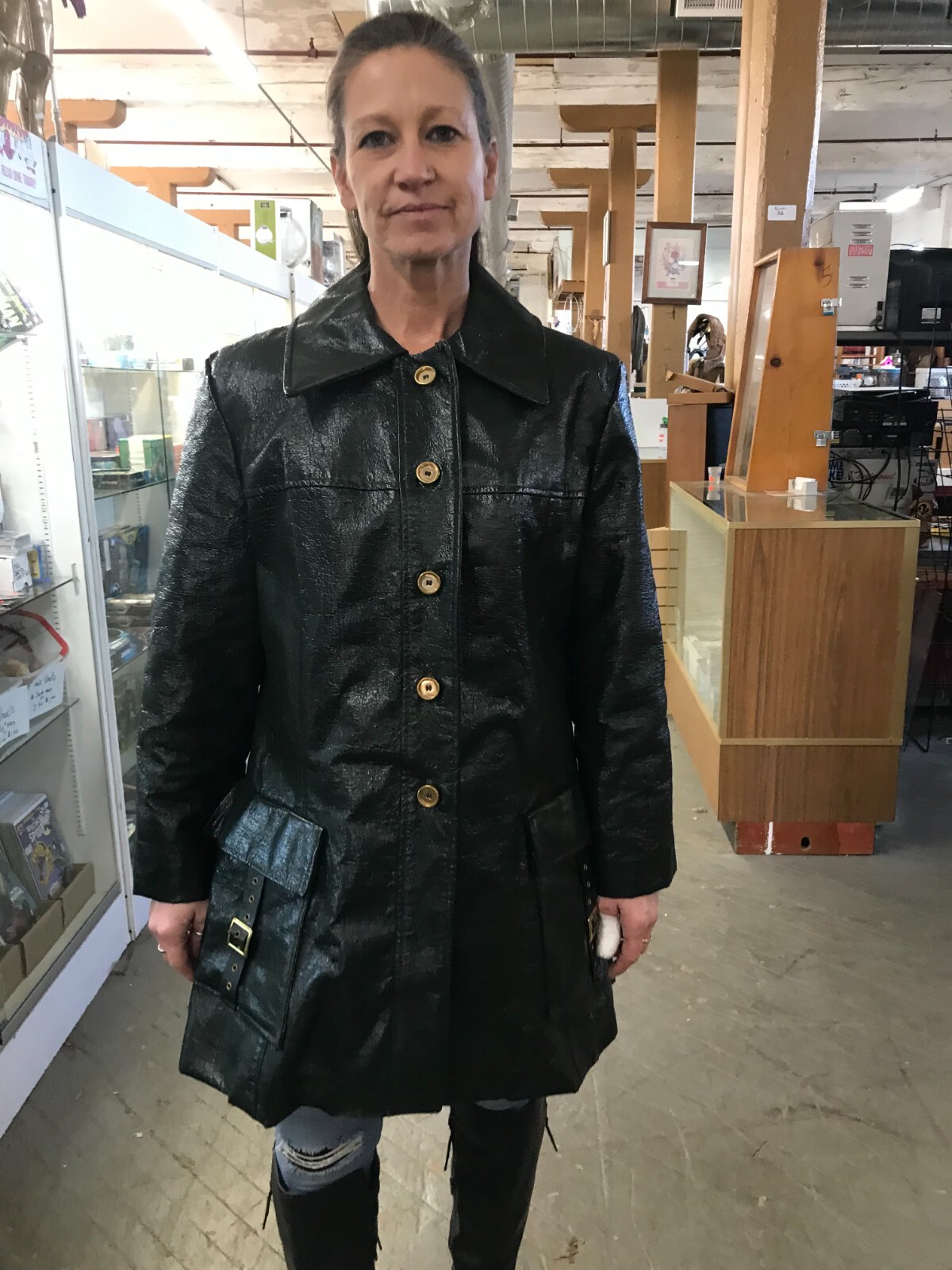 Vtg Swingles by Character MCM 70s Hippie Black Crinkle Pleather Jacket Coat Med