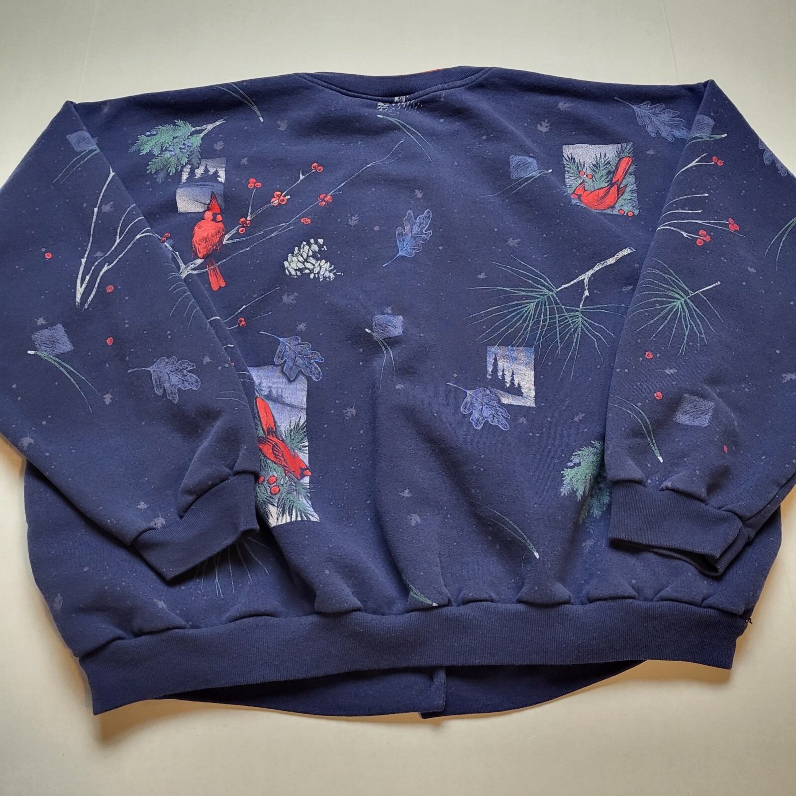 Vtg Artisans Cardinal Sweatshirt Cardigan Womens L Bird Blue Red USA 90s ÷31