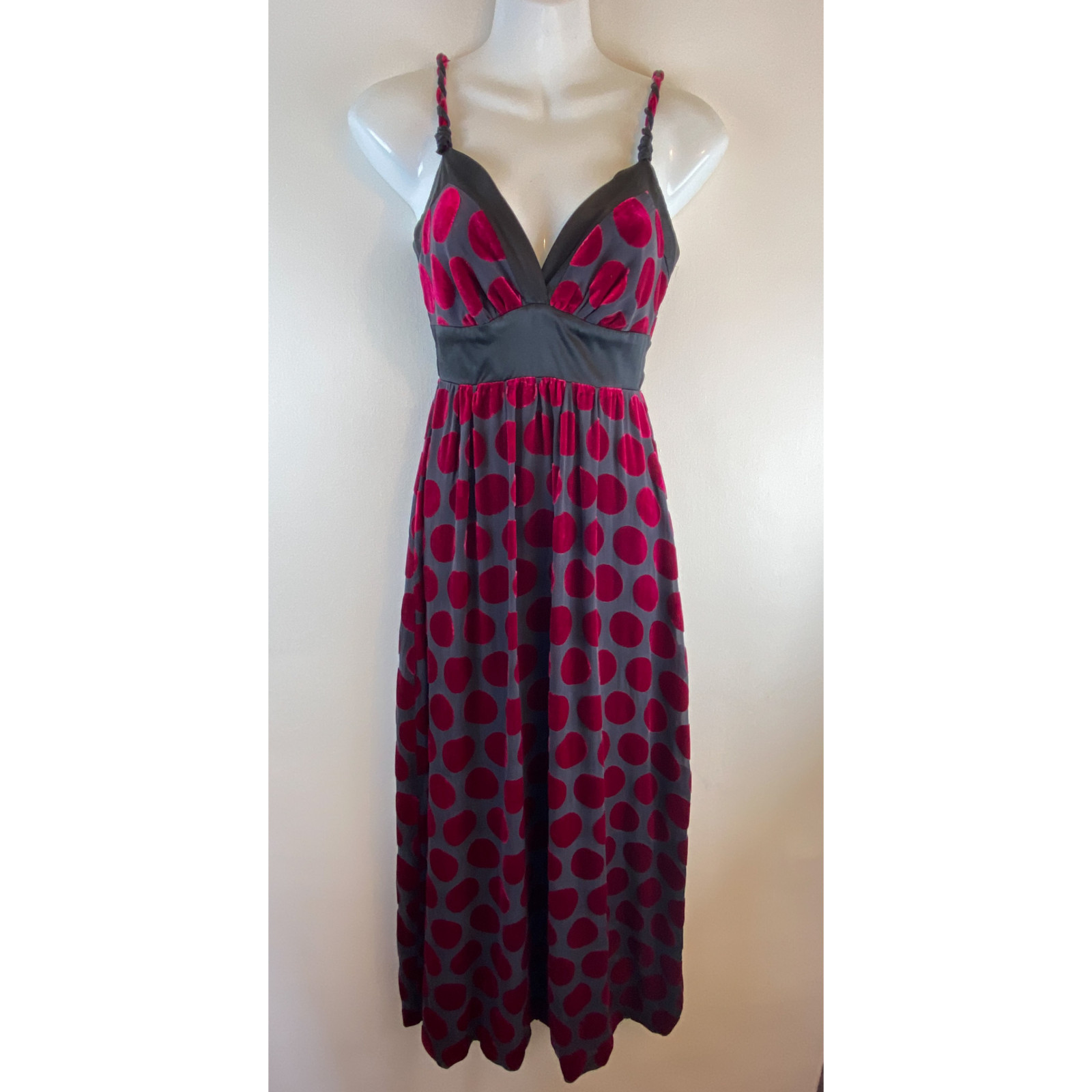 Voom Joy Han 90s Y2K Silk Velvet Polka Dot Maxi Dress XS Pink Fuchsia Black Goth