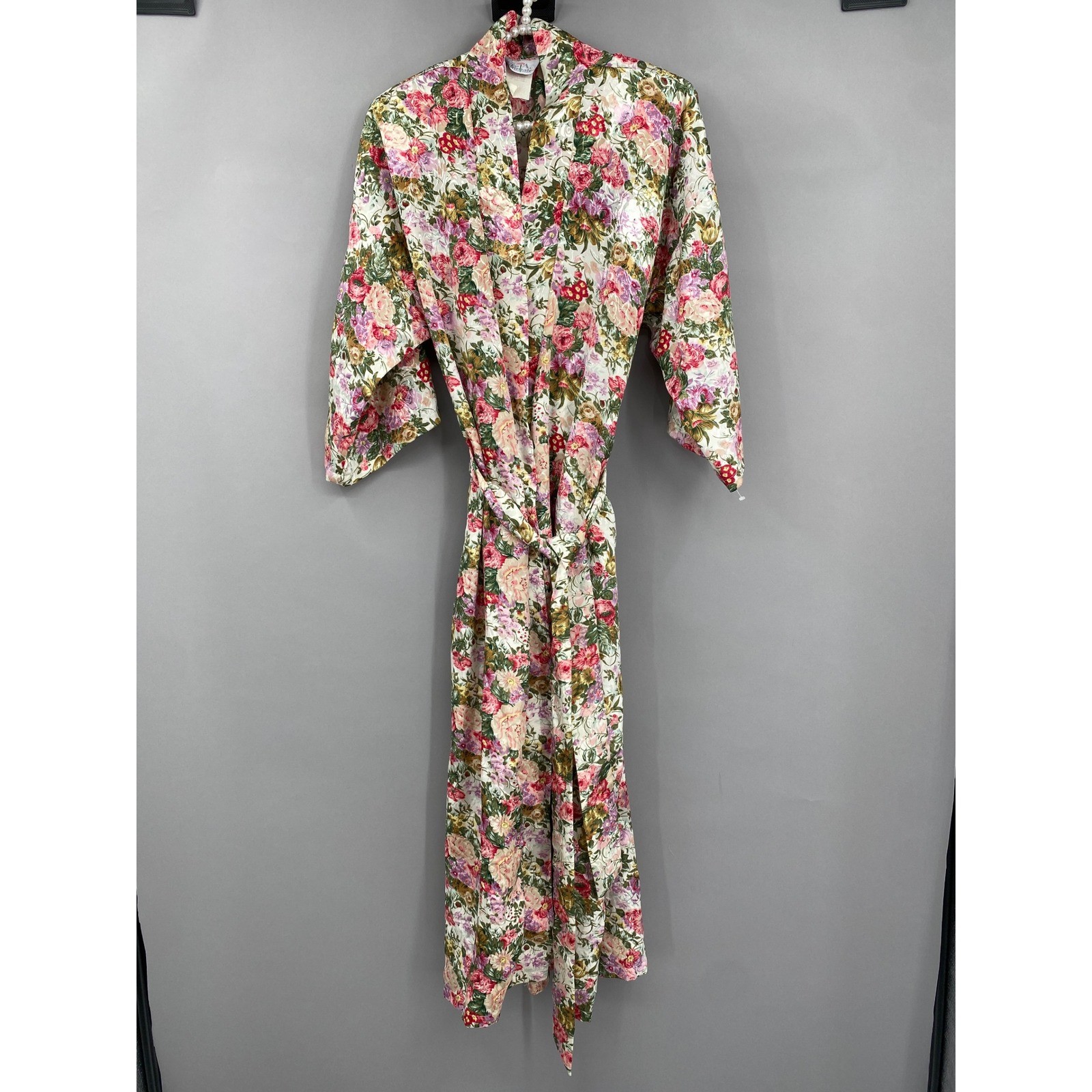 Vintage 80s L.A. Intimates Floral Satin Robe Womens Small Pink Garden Party