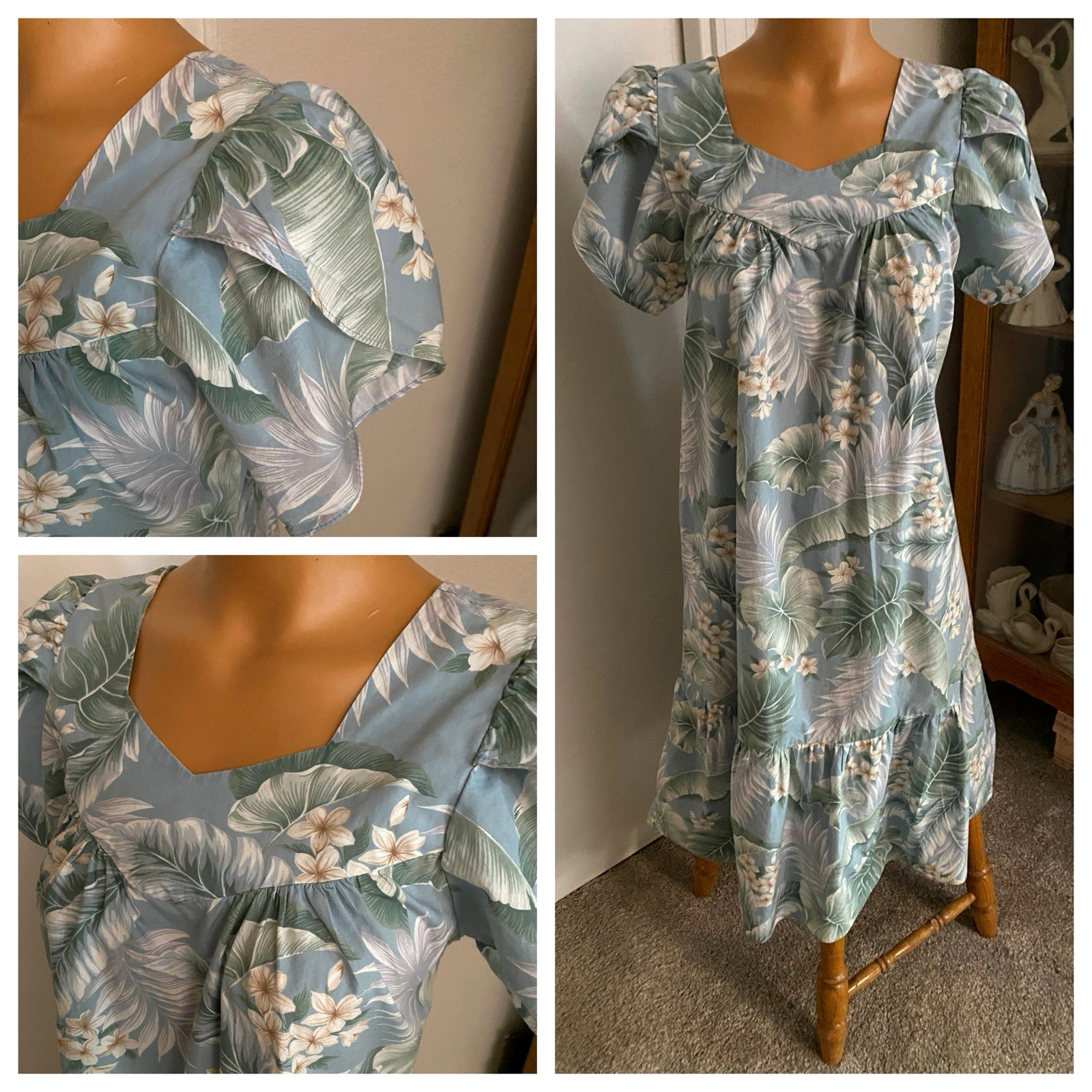 VTG ALOHA REPUBLIC BLUE EXOTIC FLORAL COTTON BLEND HAWAIIAN DRESS SZ S-M