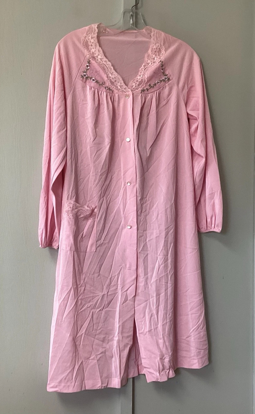 Vintage 70’s Pink Night Gown Ruffle Button Sissy Large Button Down Long Sleeve