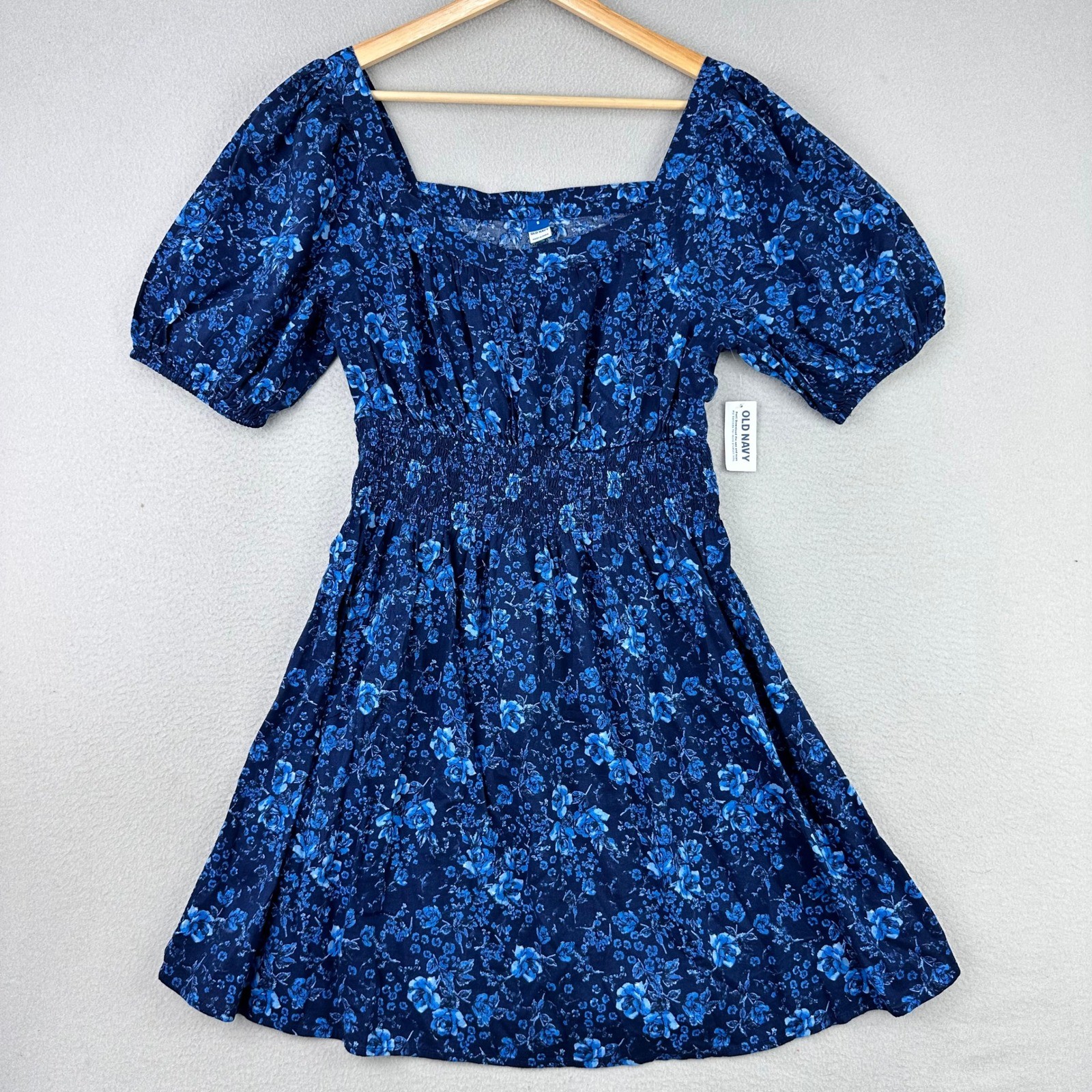 Old Navy Dress Womens S Blue NWT Puff Sleeve Floral Square Neck Short Prairie