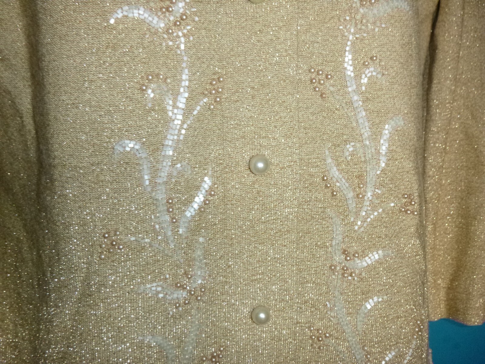 Vtg 60s Gino Paoli 2 Pc Wool Knit Cardigan & Skirt Set Gold metallic Beading S/M