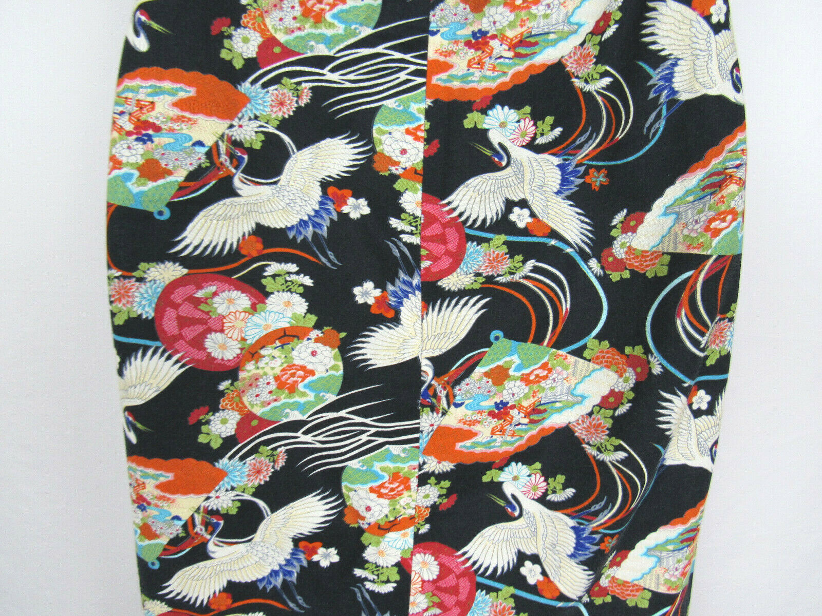VTG 1960s 70s JAPANESE FLORAL DRESS FANS EGRETS SLEEVELESS ROPE BELT COTTON BLND
