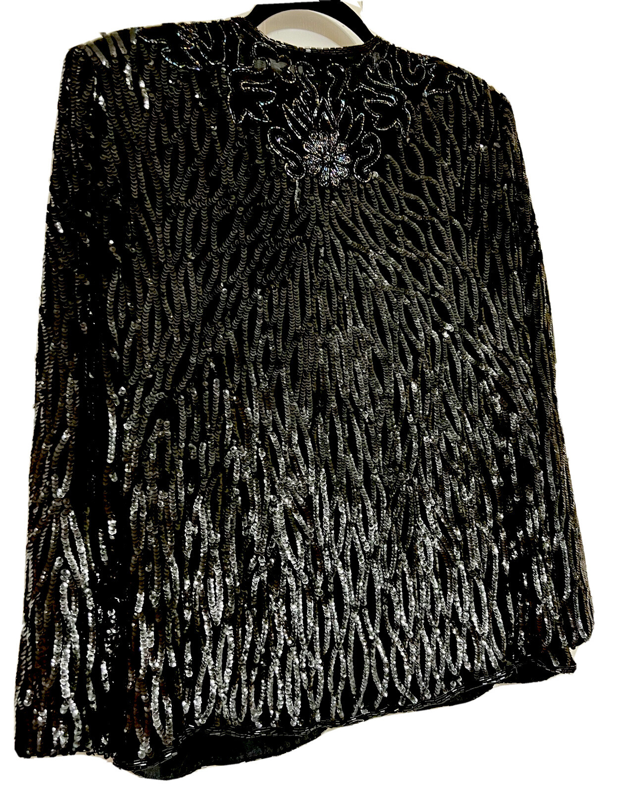 Vintage Carina Size L Jacket 100% Silk Black Sequin & Iridescent Seed Bead