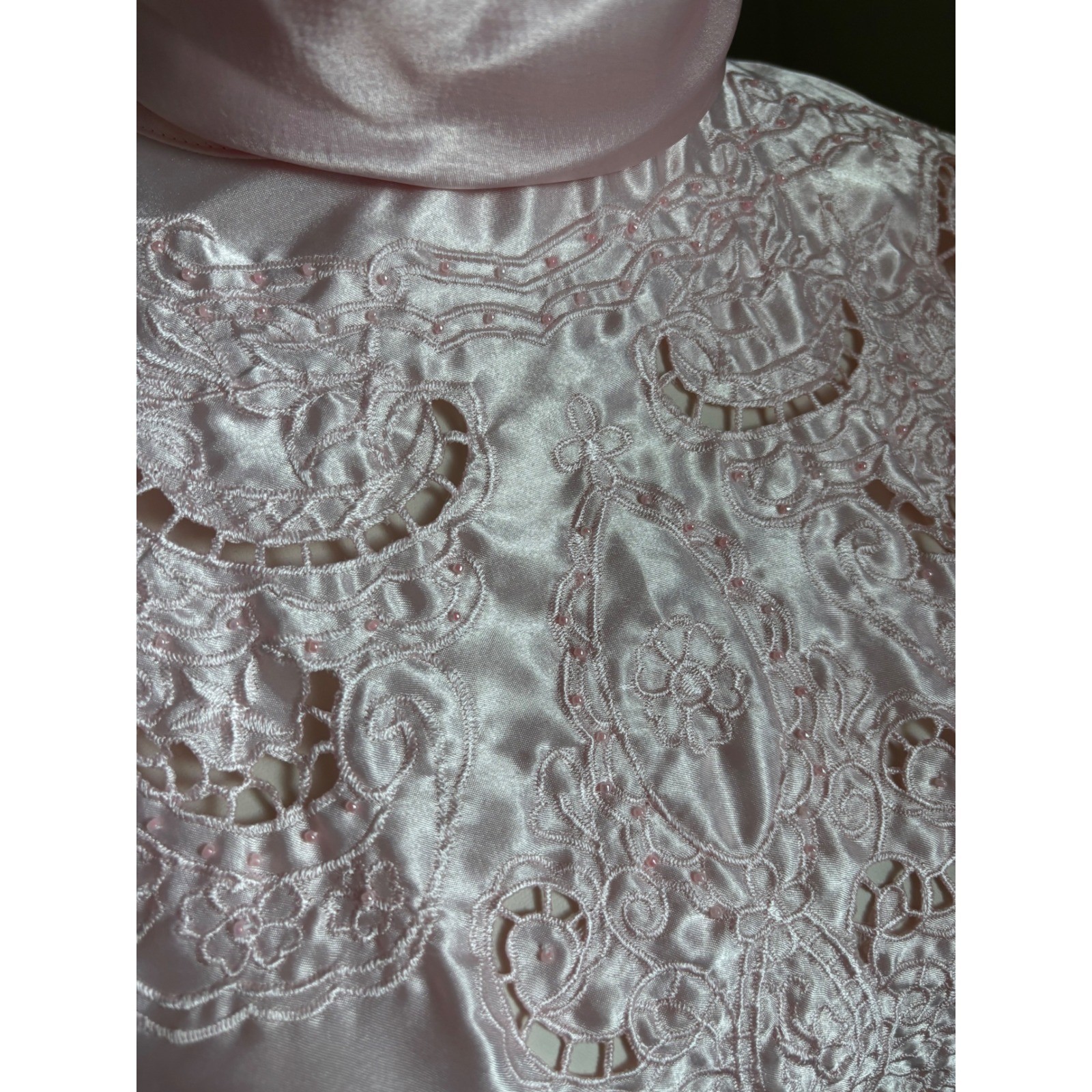 Vintage Rik Rak Pink Satin Blouse Mock Neck Embroidered Cut Out Beaded Top 14