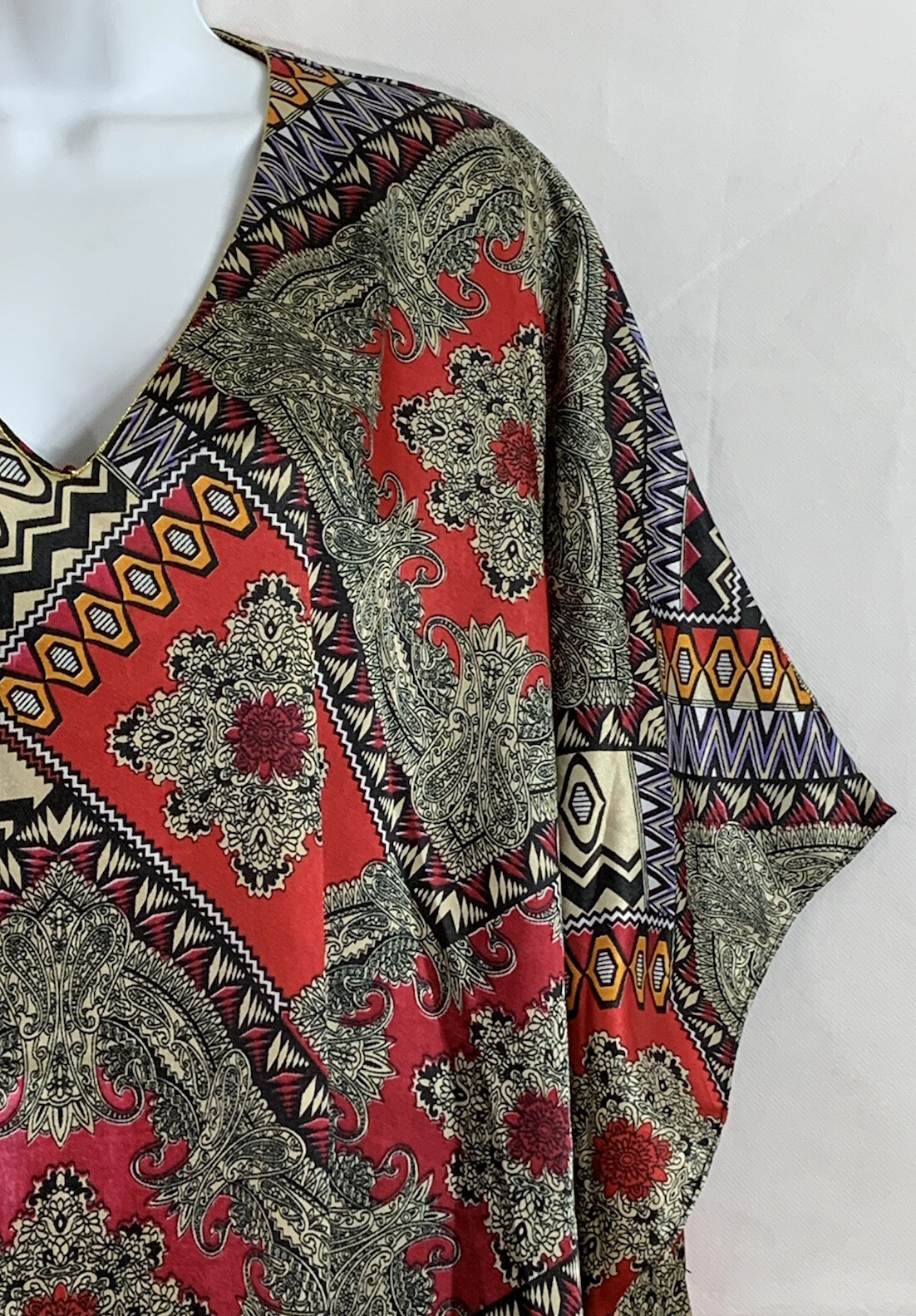 Ashro Free Size Paisley Graphics Caftan Shiney Multicolor Vneck Gold Accent Trim