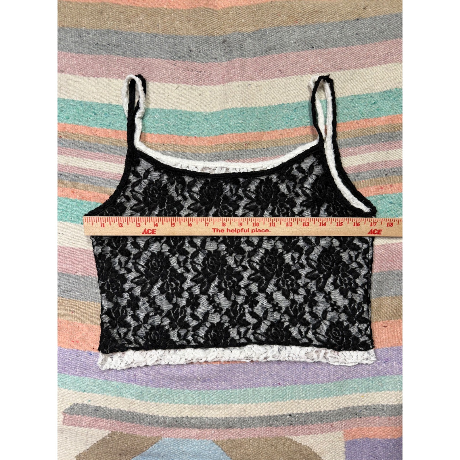 Y2K Just Polly Double Layer Lace Cami Tank XL Black White Sheer Gothic Coquette