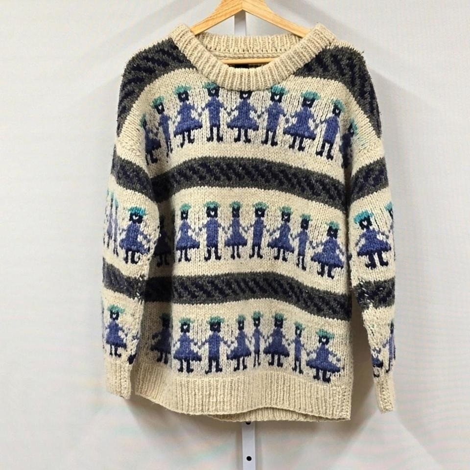 Vintage Ecuador Hand Knit 100% Wool Sweater Cream Blue People Pattern Novelty