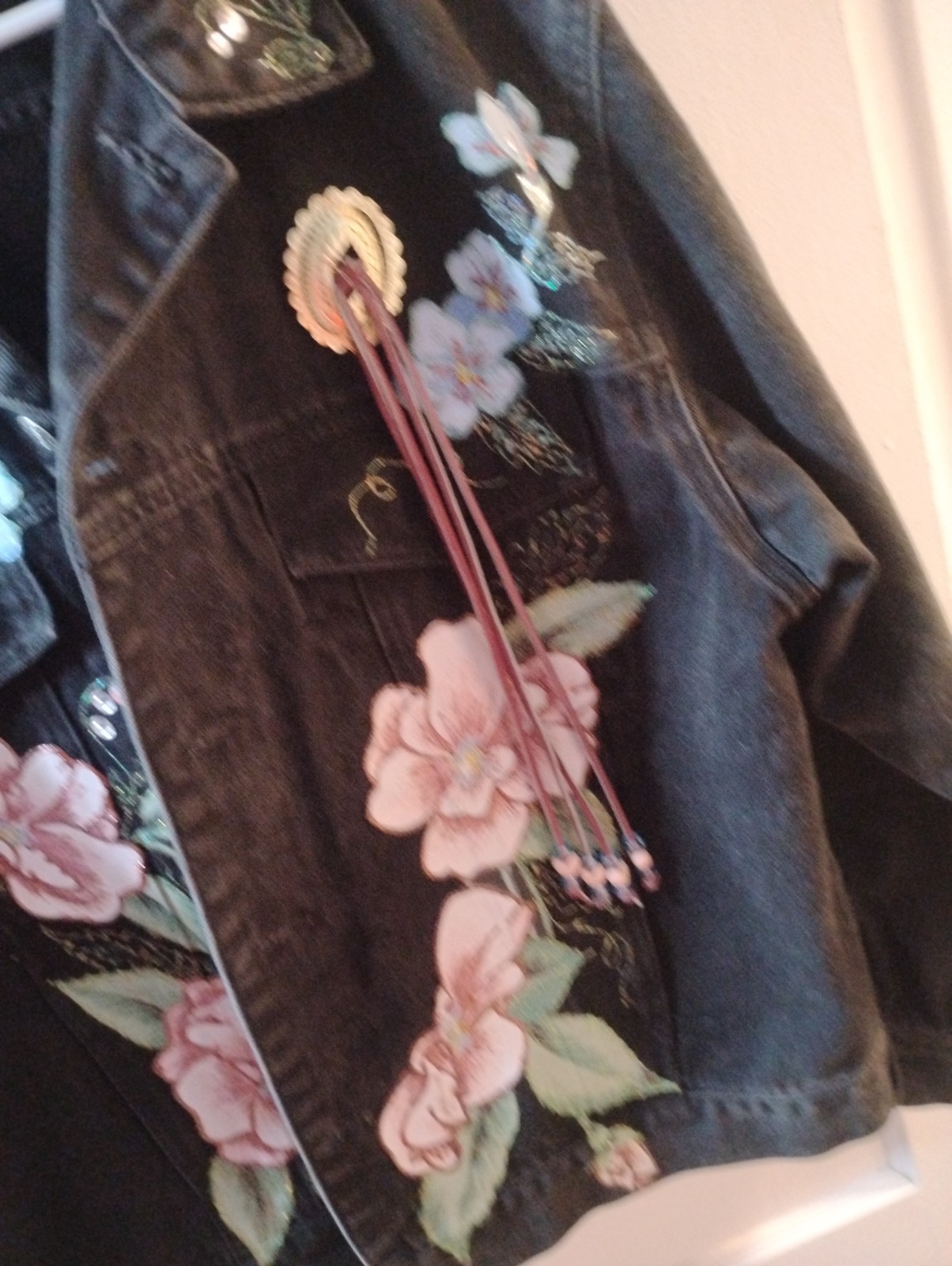 Vintage 80s Todays News Black Denim Jacket Embroidered Floral Rhinestone Concho