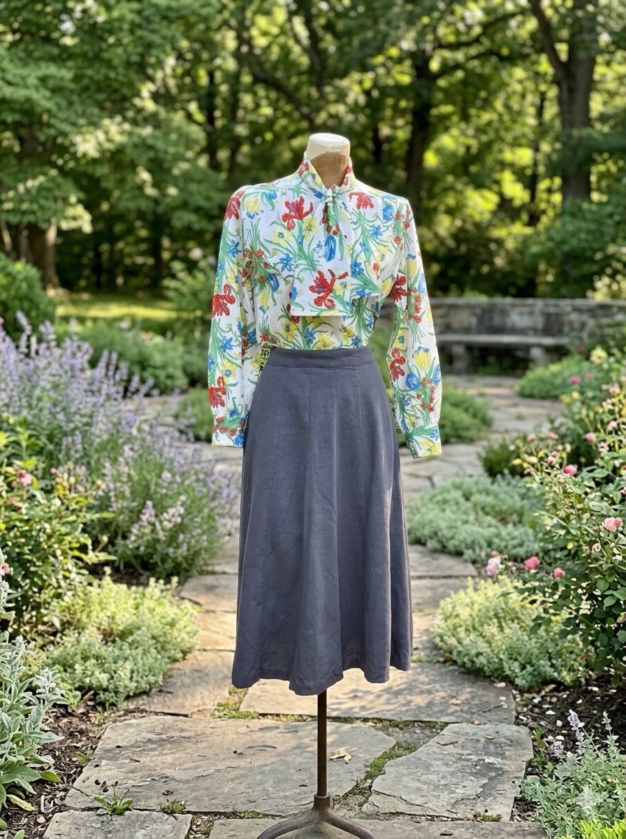 Vintage 50s Mid Century Gray Linen 16 Panel A-Line Rockabilly Skirt Size 28w