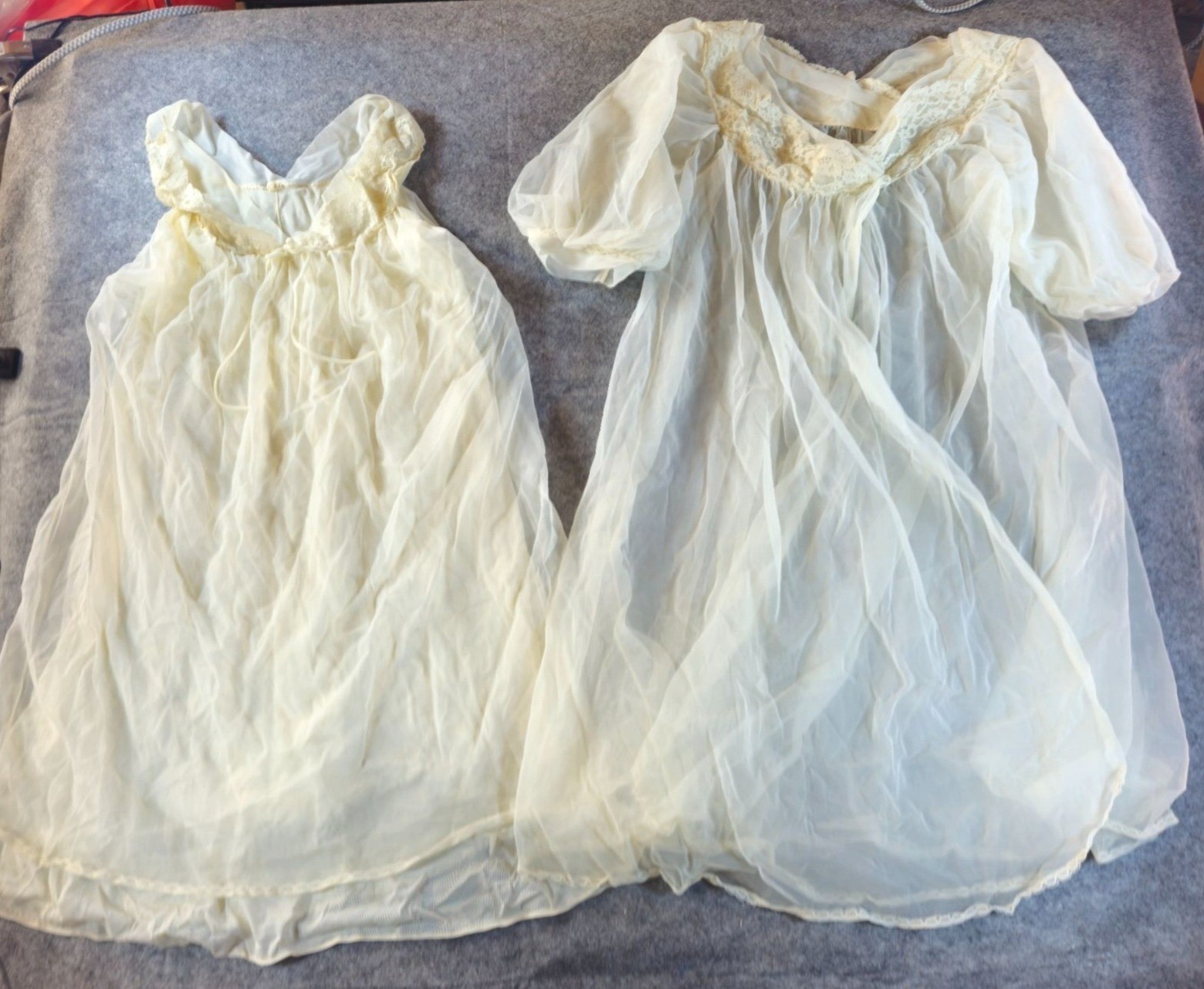 1960s Vintage Babydoll Sheer Ivory Nylon Nightgown Peignoir Set Lace Detail READ