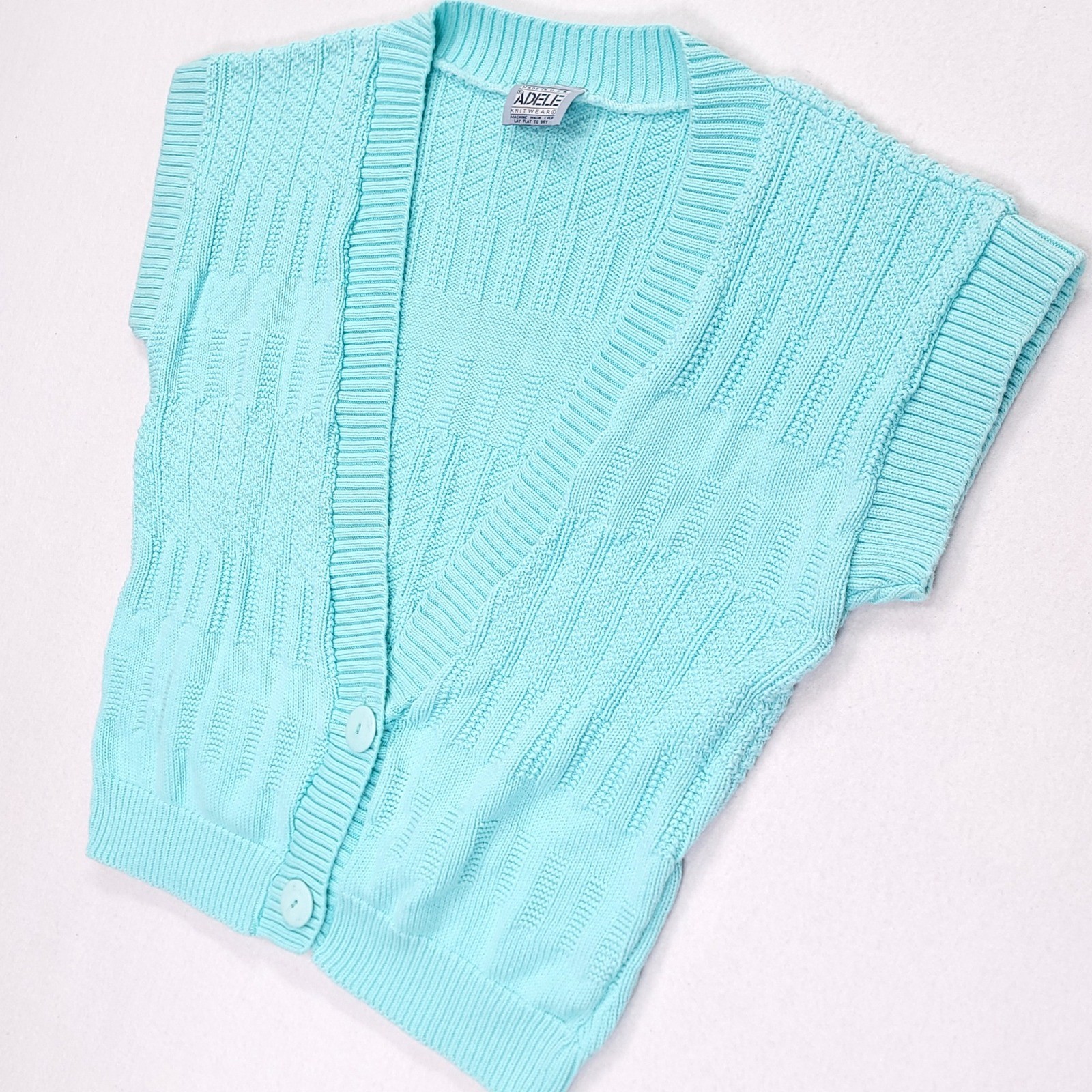 Vintage Adele Knitwear Turquoise Aqua Blue Cotton Button Front Sweater Vest USA