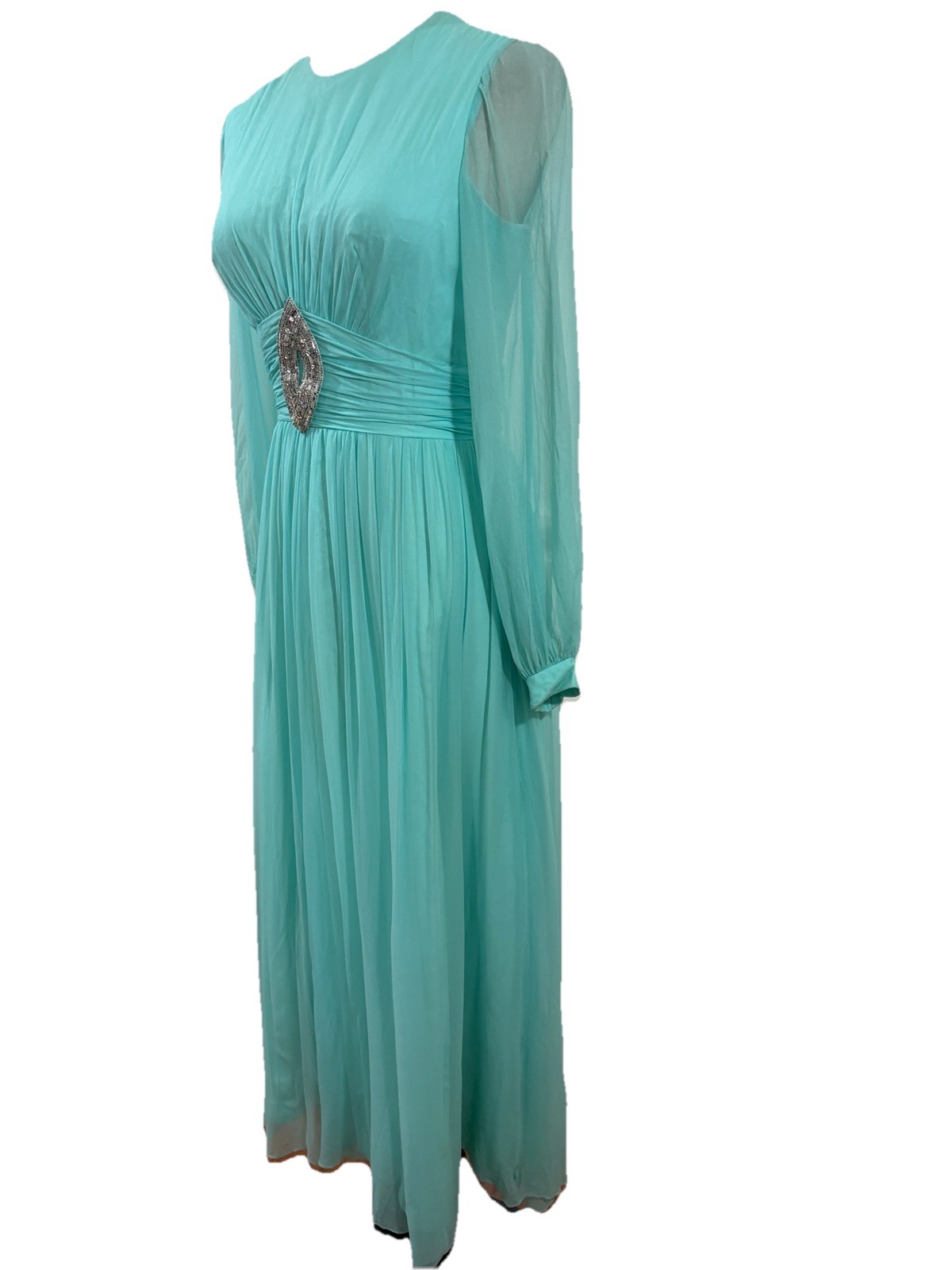 Vtg 70s Teal Blue Chiffon Maxi Dress Beaded Emblishment Sheer Sleeves 26” W