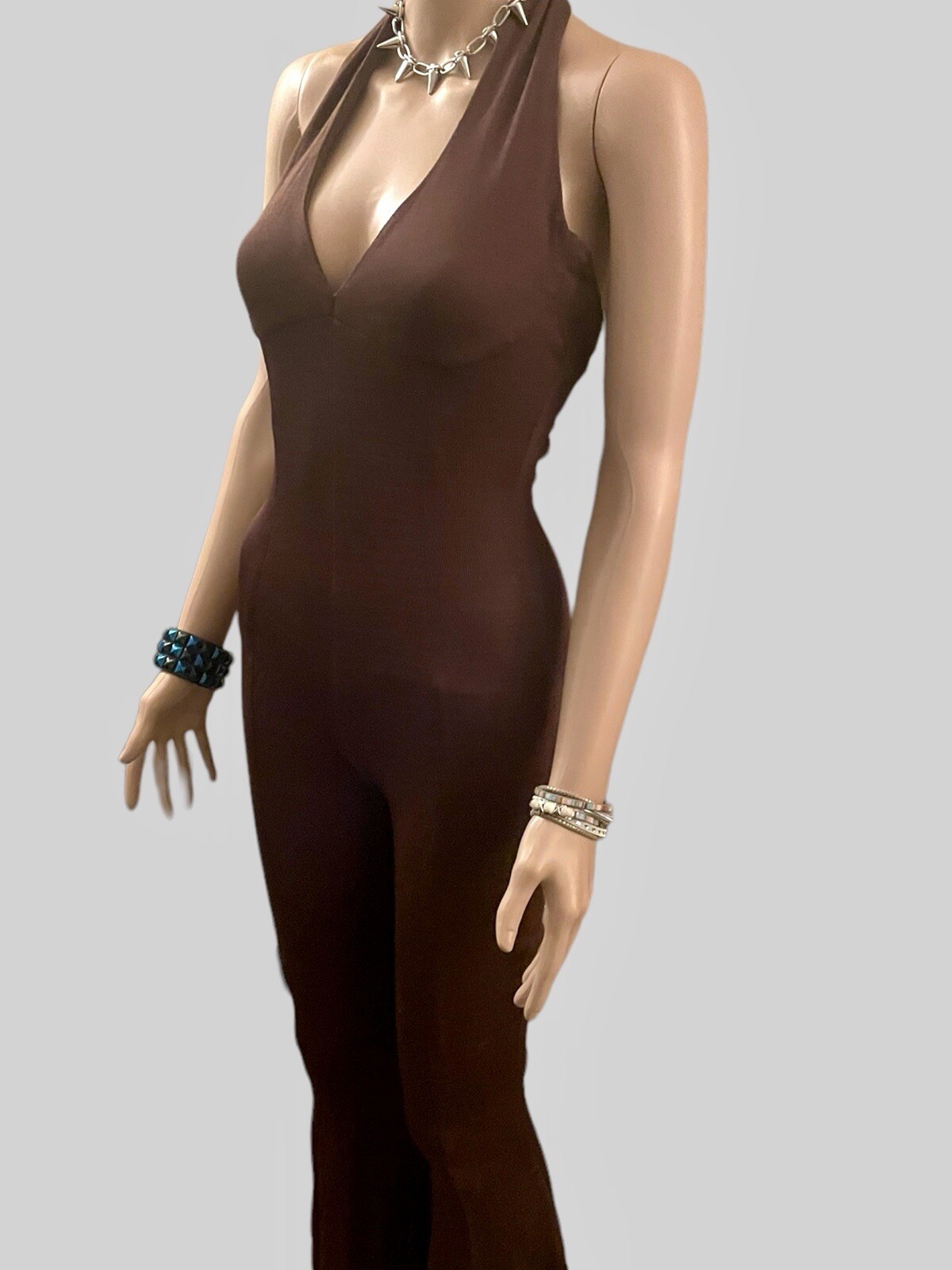 Scanlan Theodore Jumpsuit Vintage 90s Crepe Knit Halter Neck Flared Brown Size S