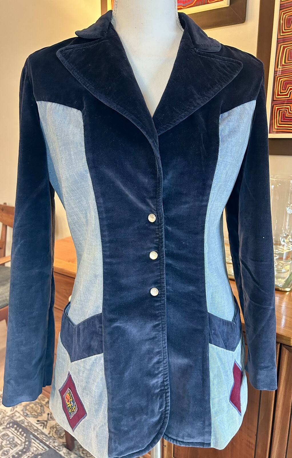 70’s Blazer Jacket Modern Juniors 100% Cotton Velvet & Denim Union Made In USA S