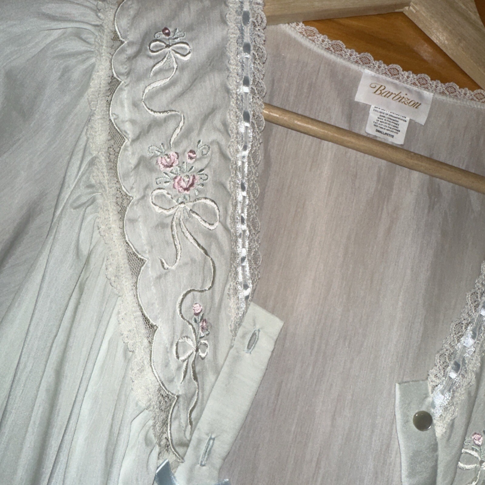 VTG 1960 Barbizon Green Lace Ribbon Rose Nylon Cotton Nightgown & Robe Set Small