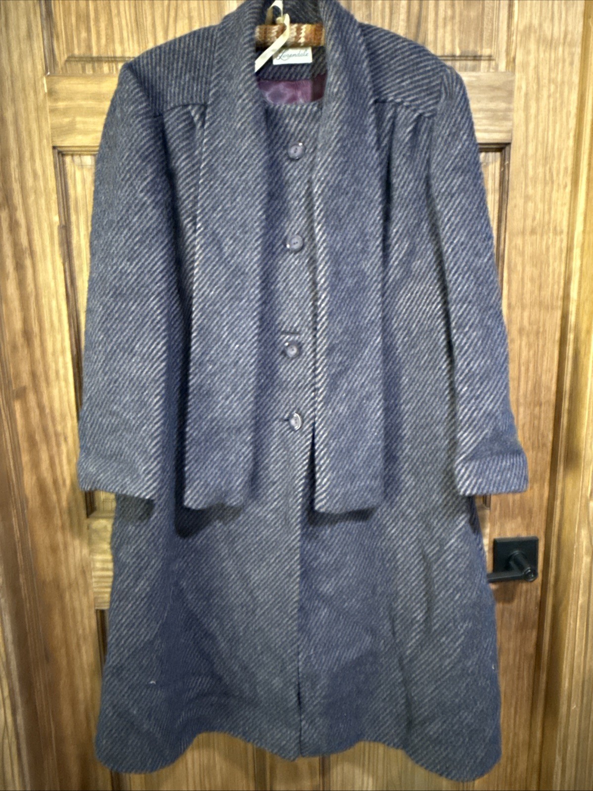 Vintage Lorendale Wool Coat Blue Tweed Attached Scarf Collar L/XL No Tag