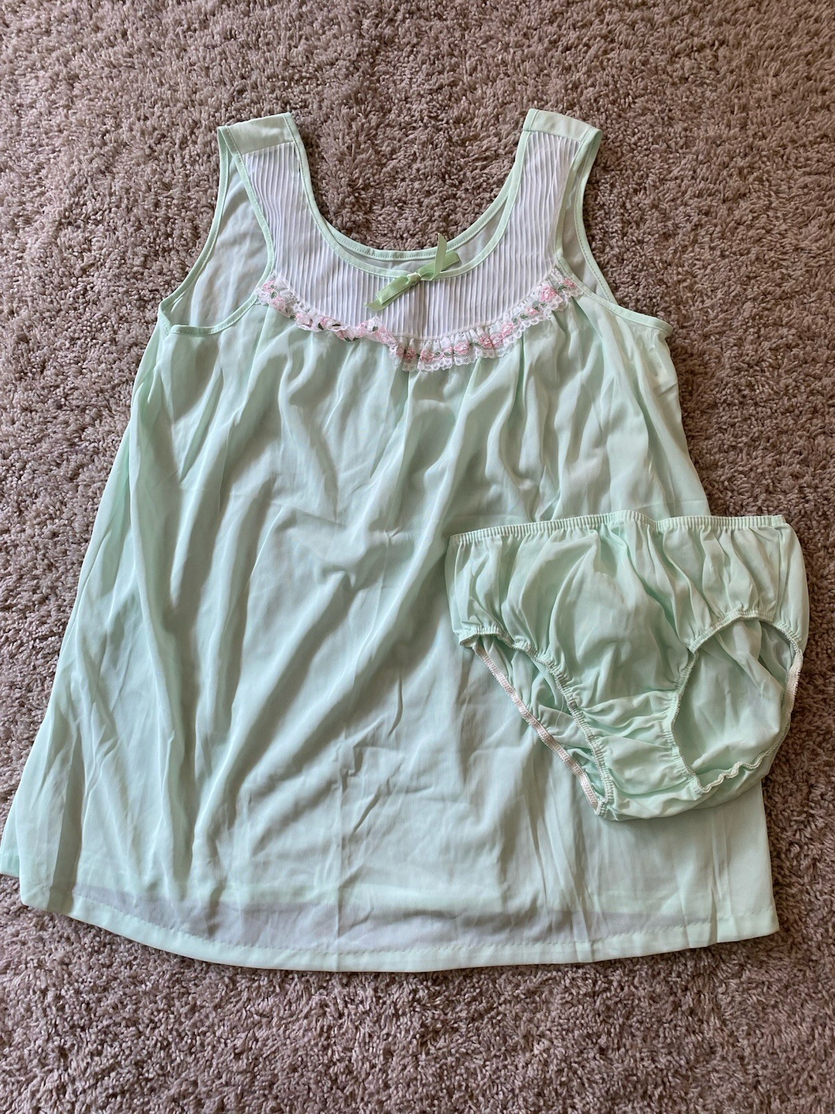 VTG Sears Mint Green Nightgown Babydoll Lingerie Matching Panty Set Sz Medium 36