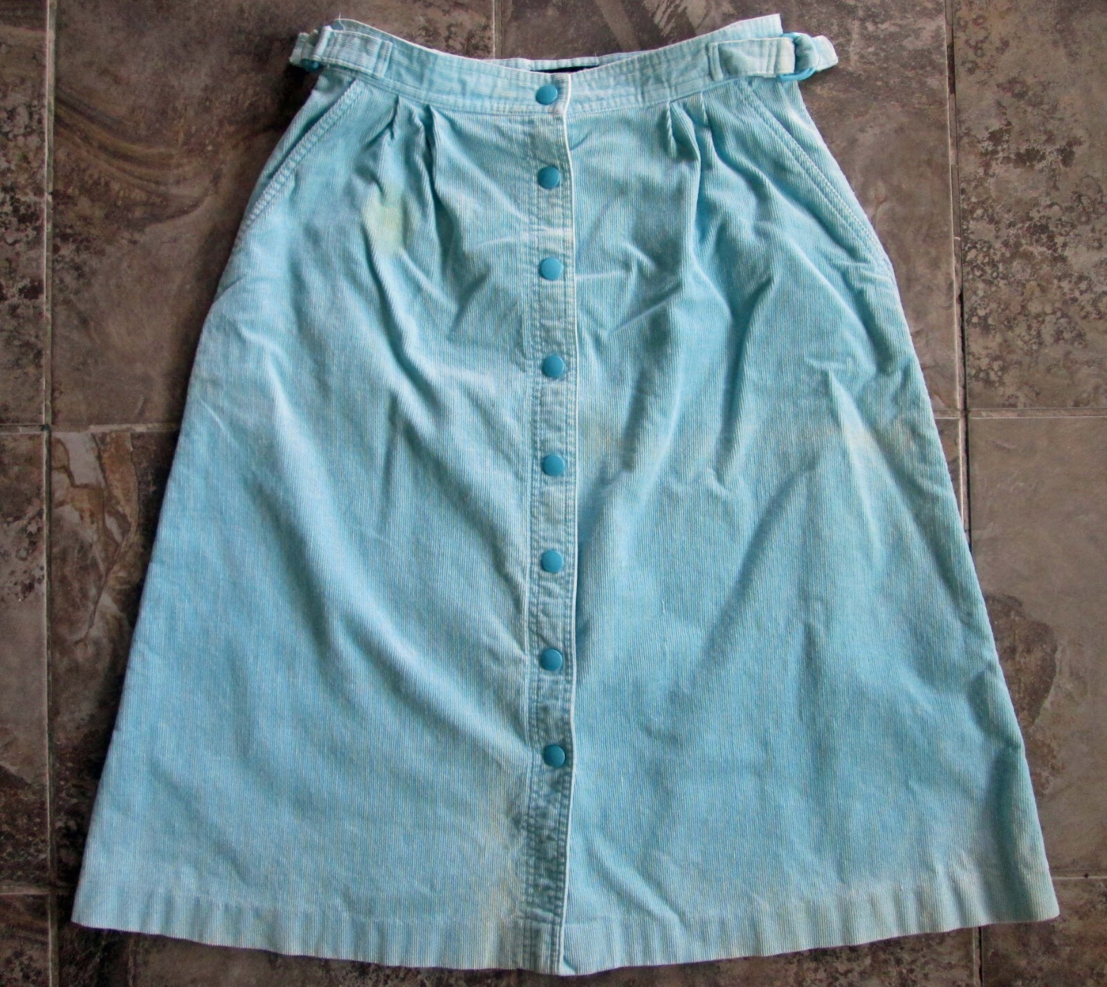 Vintage Hunter’s Glen Skirt 27″ Waist Snap Button Down Mint Blue A-Line Corduroy