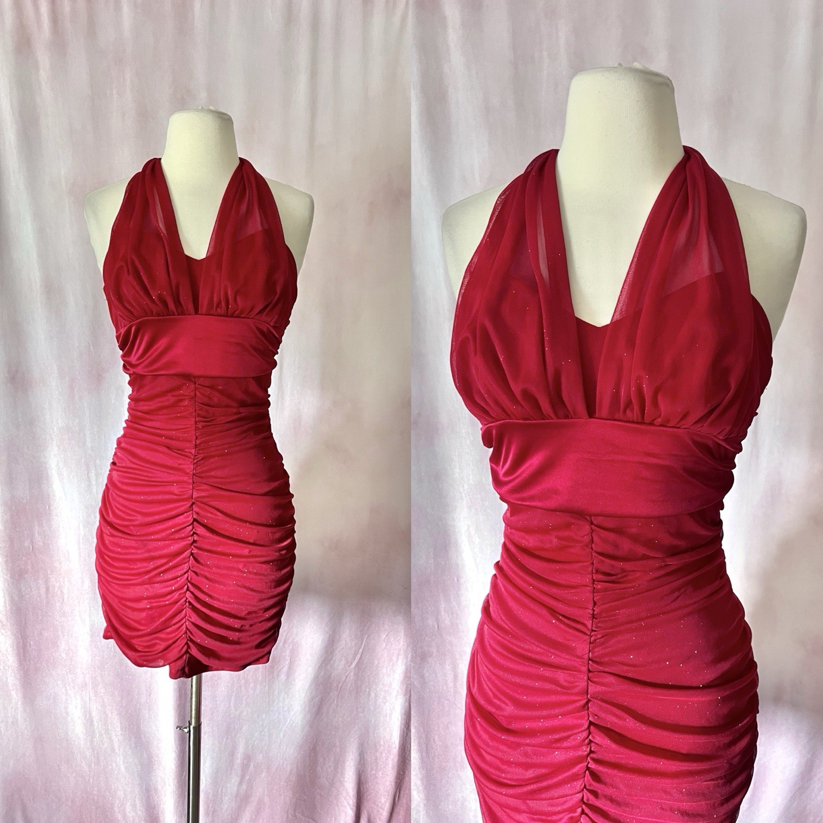 Y2K 2000s Taboo Dress Large Red Glitter Halter Mini Ruched Cocktail Party Club