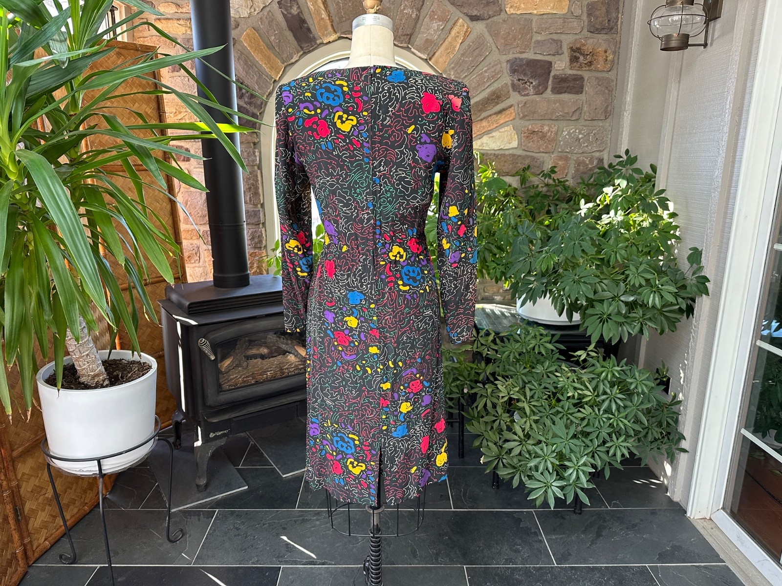 Vintage 1990s Black and Primary Color Abstract Silk Sarong Style Dress Nora Noh