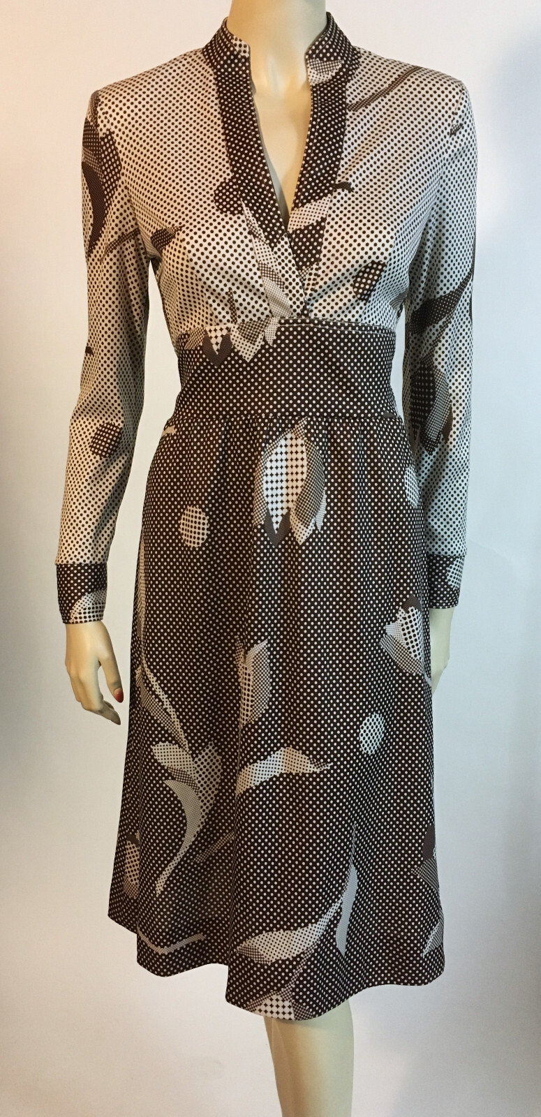 1970s True Vintage Brown Floral Graphic Optic Dot Matrix Geometric Nylon Dress S