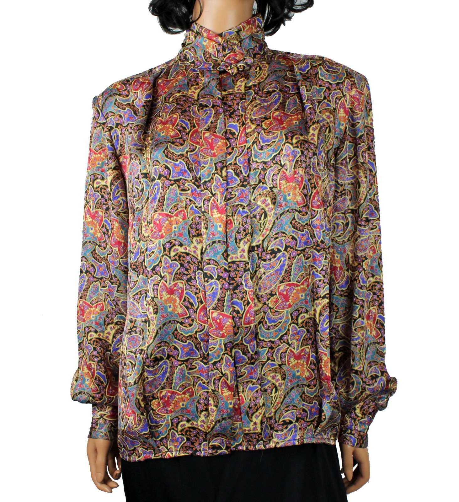 Vintage Secretary Blouse 12 L Black Red Blue Paisley Turtleneck Dress Shirt