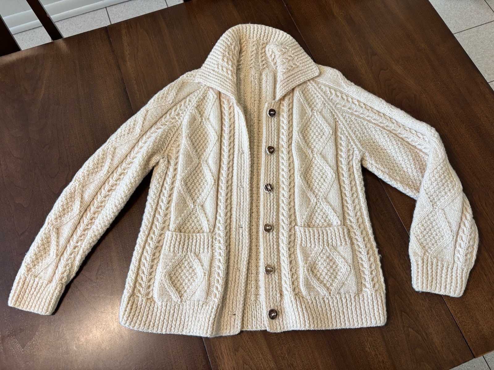 VTG 1970s Sweater Ivory Cream Cable Knit Cardigan Button XS B32″