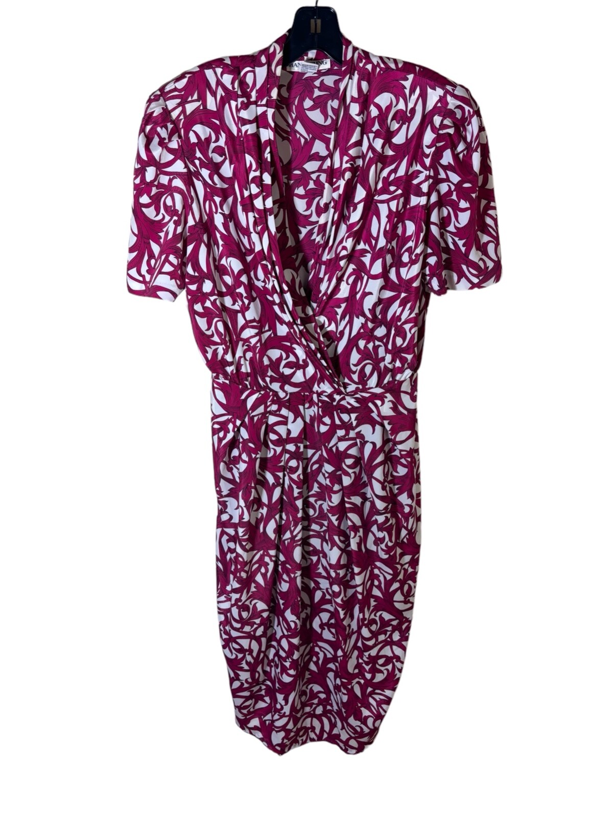 Vtg 80s HANA SUNG Dress 12 L Poly BAROQUE FLORAL Print FAUX WRAP Secretary MIDI