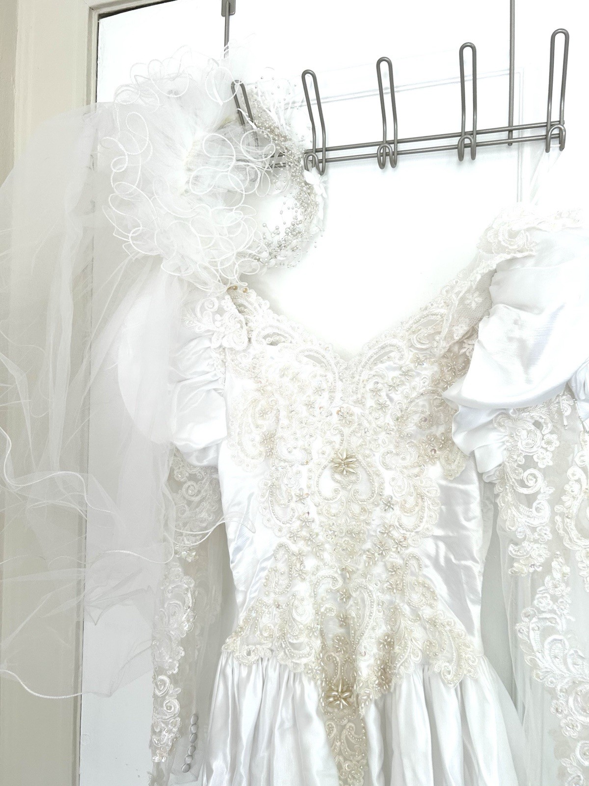 Vintage 1980s White Satin Beaded Wedding Gown & Floral Veil Crown Set Size s