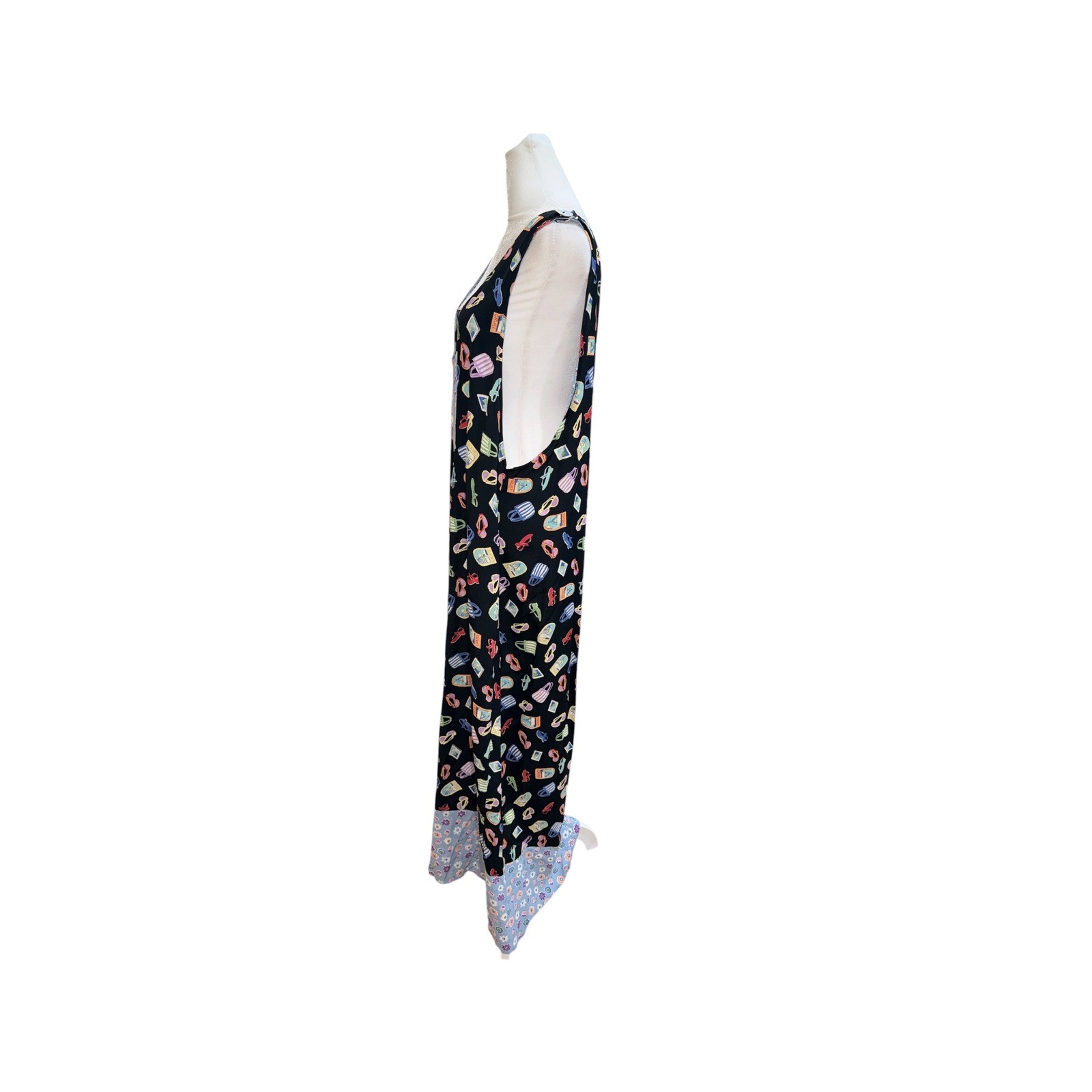Jenny Helene Vintage Vacation Novelty Print Maxi Dress Floral Pocket Black L