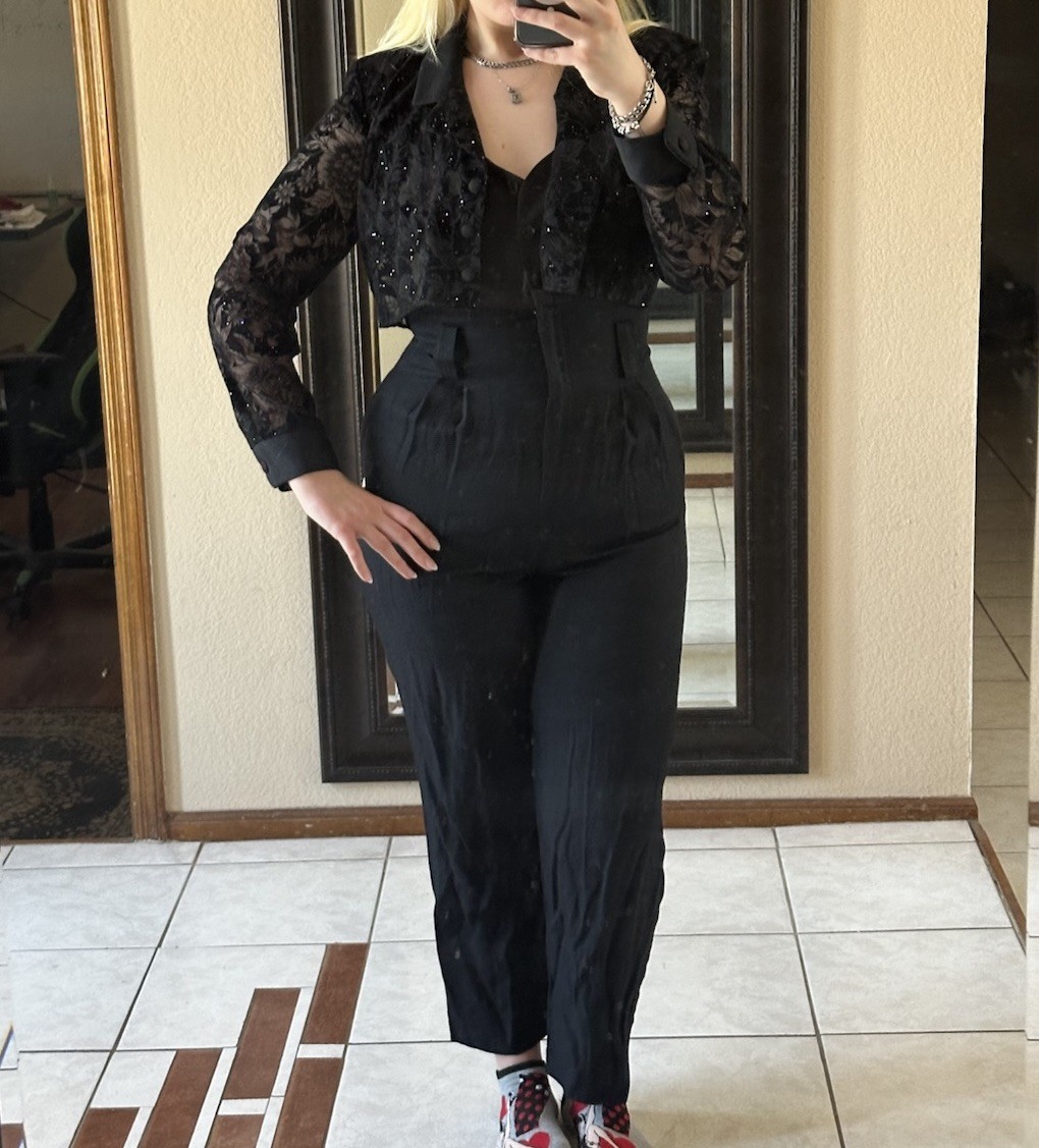 VTG 80s/90s MENU women’s Black Pantsuit Velvet Jacket Jumpsuit Sz 8 S/M USA Made