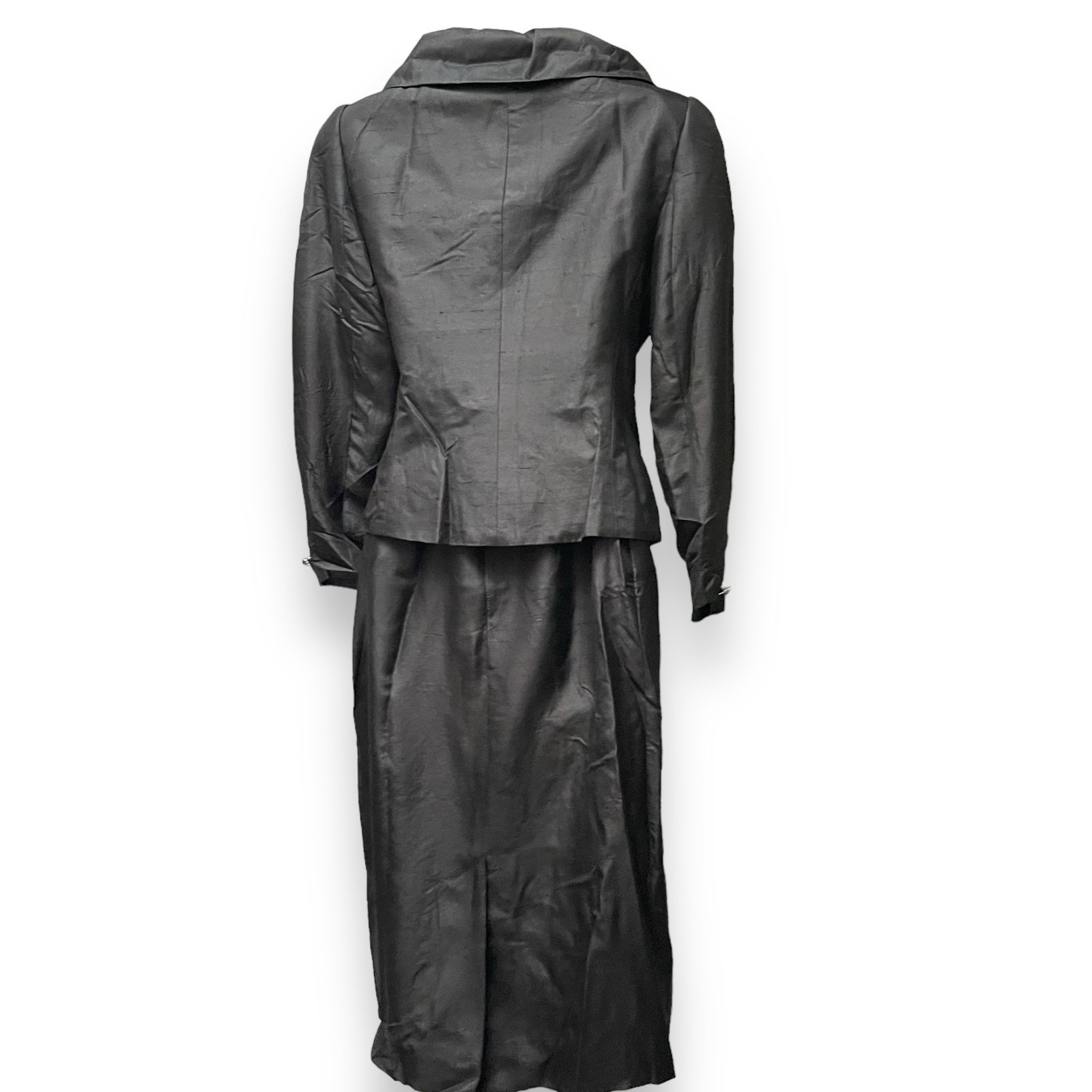 Silk Cocktail Skirt Suit Black & White Feminine Large Ruffle Collar 1990’s Y2K