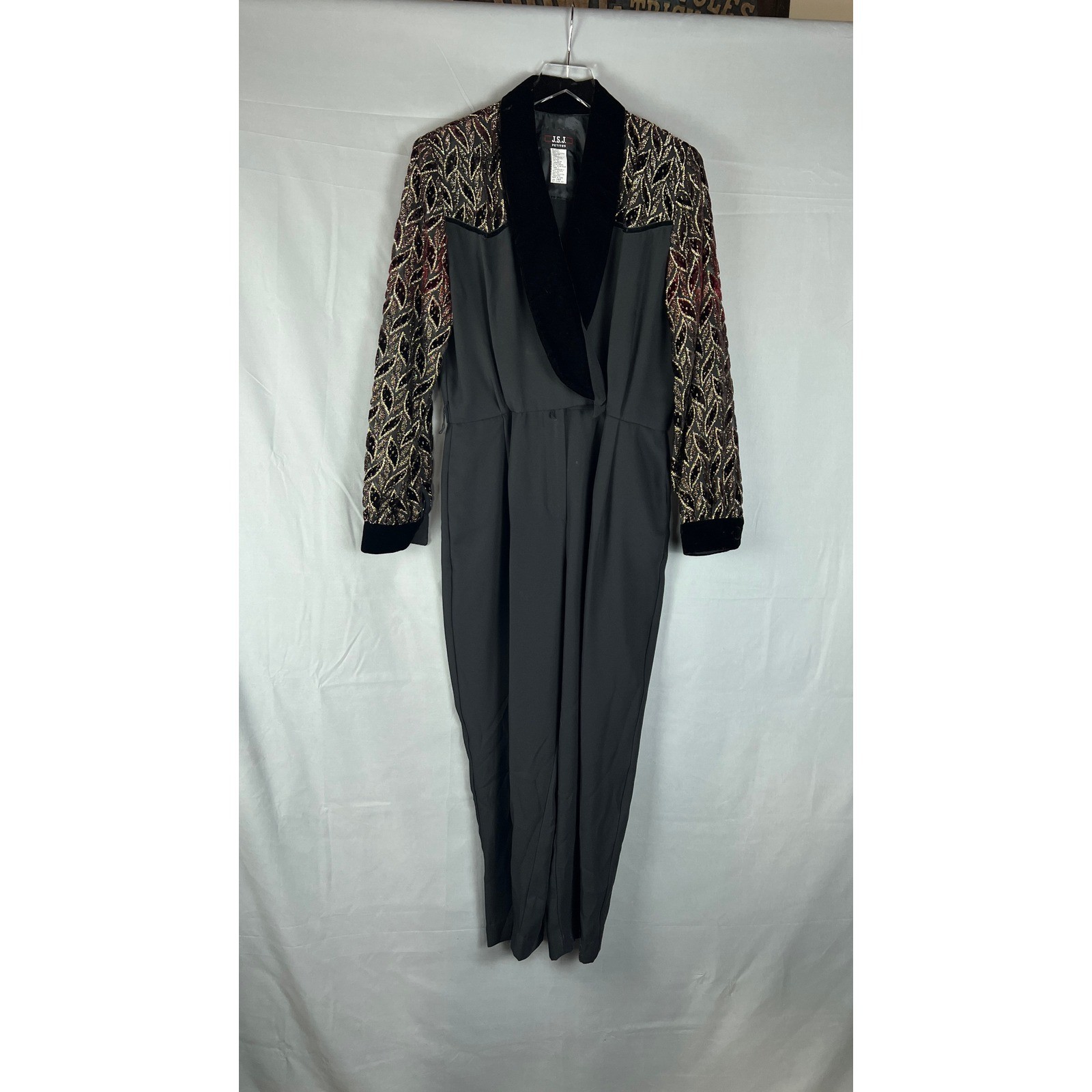 Vintage J.S.J. Jumpsuit Women’s 14P Black Metallic Burnout Velvet Shawl Collar