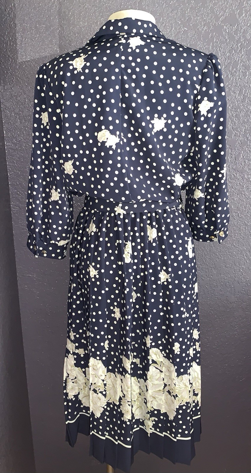 B7 80s SZ 12 BRELI ORIGINALS SILKY BELTED DRESS NAVY FLORAL PAD SHOULDER PLEATED