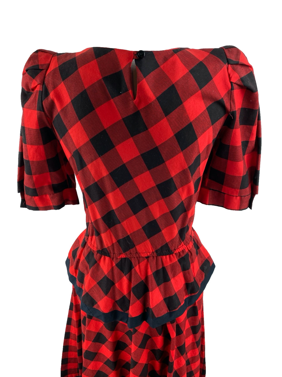 Choon Vtg Womens 7/8 Plaid Peplum Below Knee 70s Puff Sleeve Dress A-Line