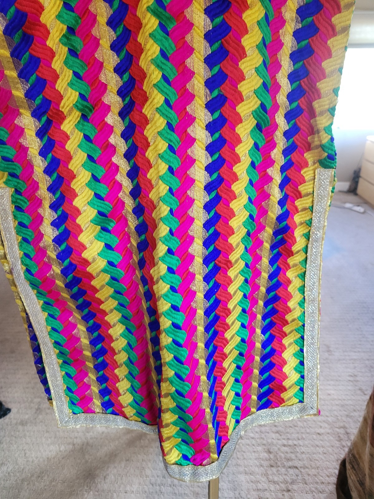 VINTAGE COLORFUL KAFTAN MINI DRESS MULTICOLOR WITH GOLD DETAILS SIZE M