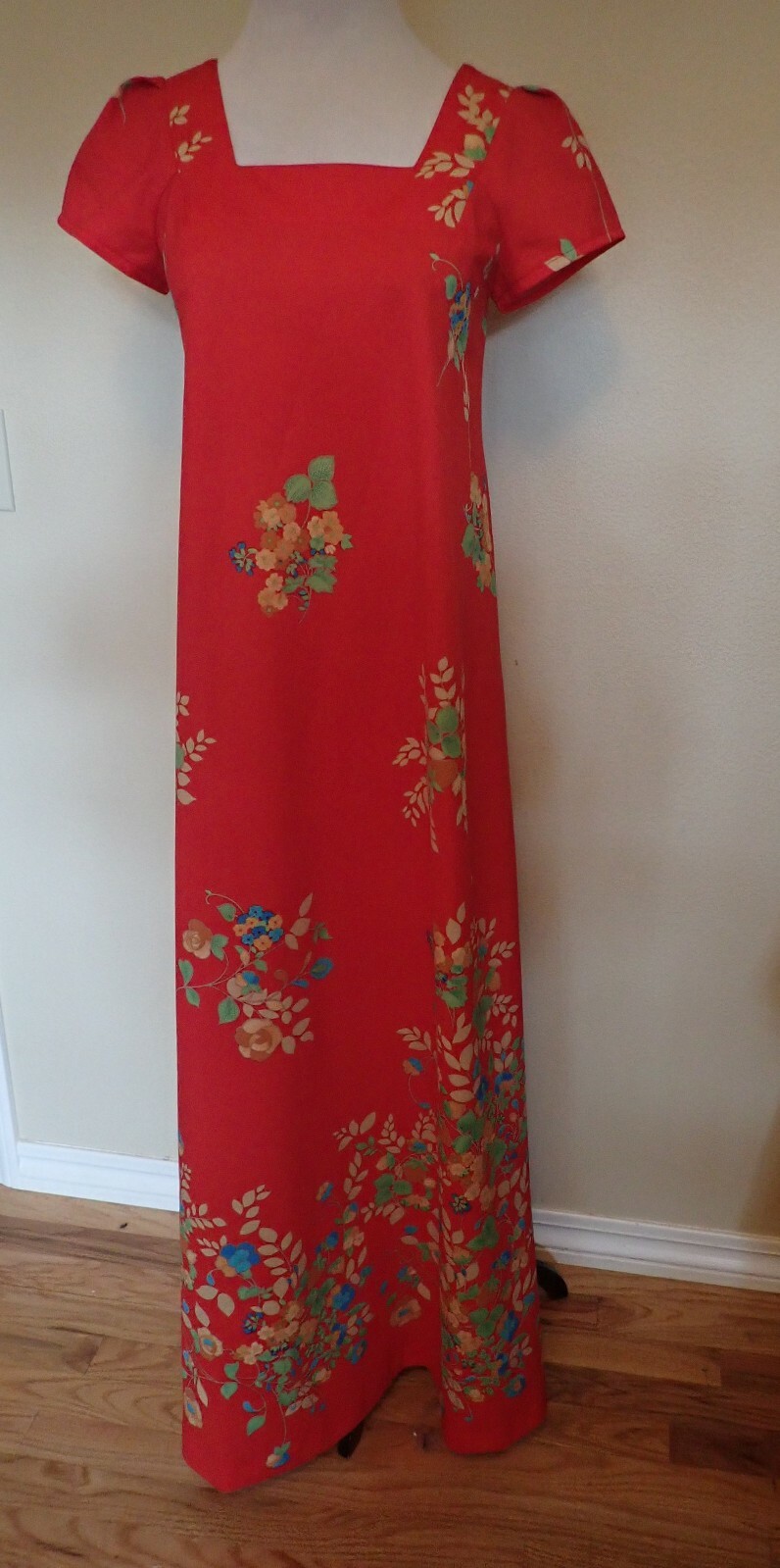 VTG 70s Nani Hawaii Maxi Dress Red Floral Polyester Square Neck Short Sleeves XS
