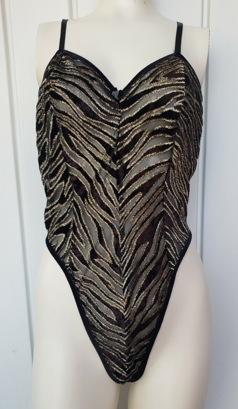 Vintage MAIDENFORM Velvet Silver Metallic Mesh Teddy Playsuit Size Medium Black