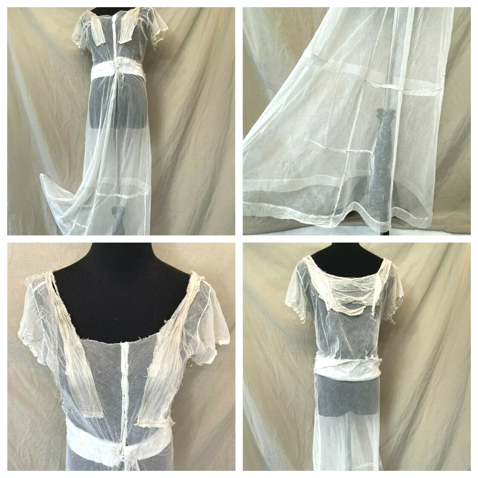 Antique Victorian Negligee Lingerie size S M White Sheer Mesh See Through DS3