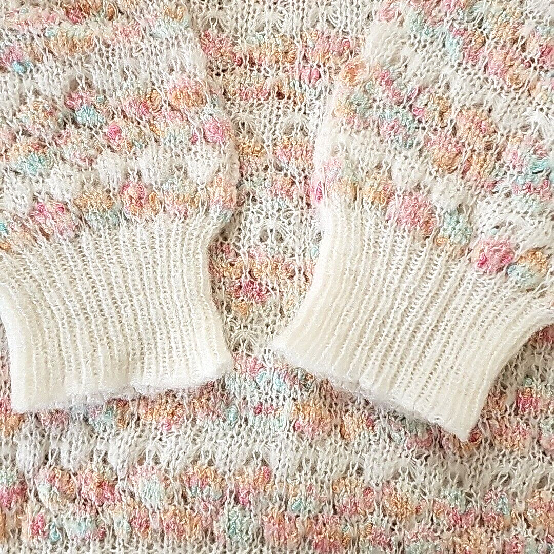 Vintage Womens Open Knit Sweater Large Feminine Coquette Pastels Puff Sleeves