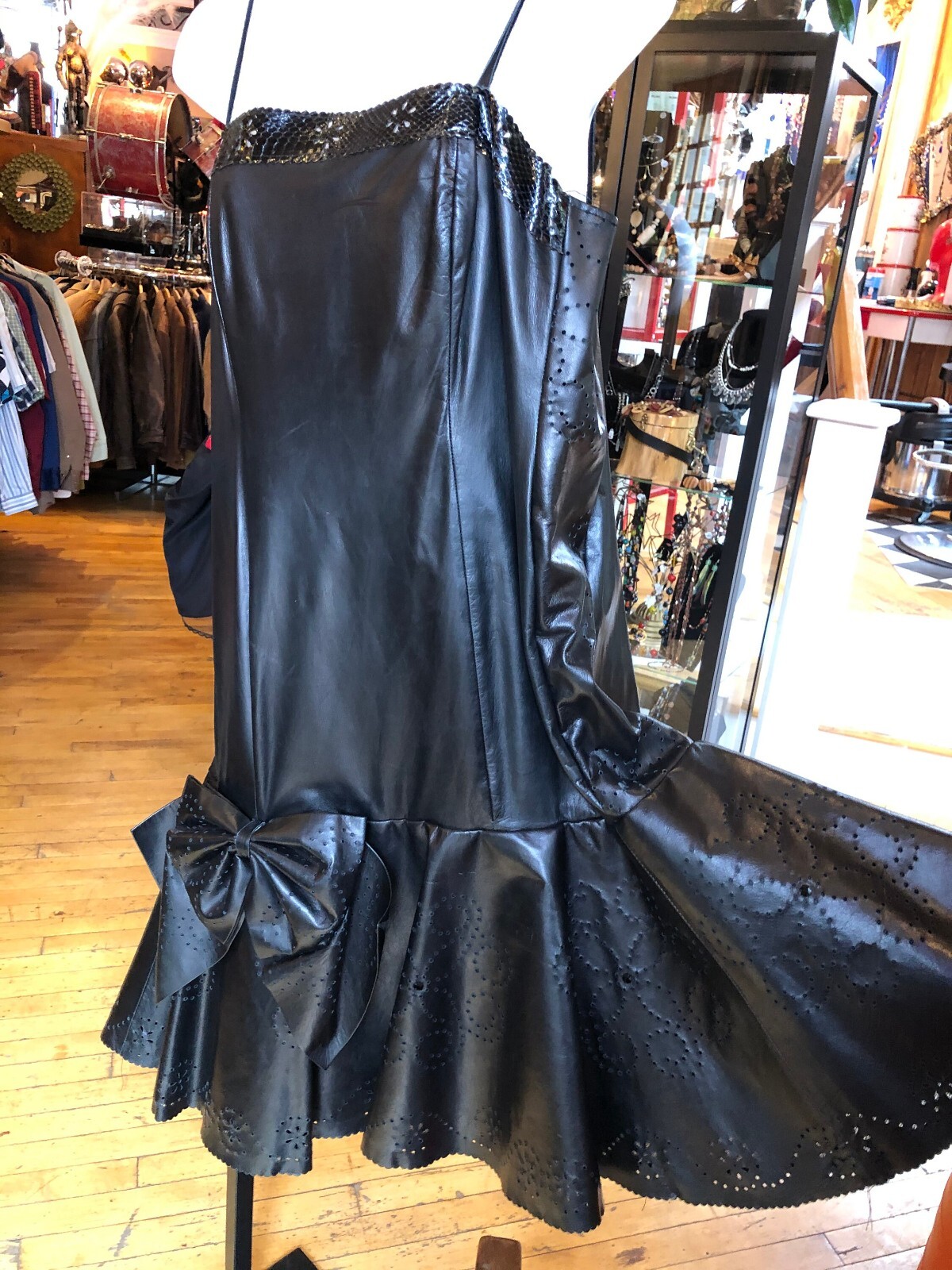 Vintage 80’s Black Leather and Silk-like Lined Dress Women’s Medium
