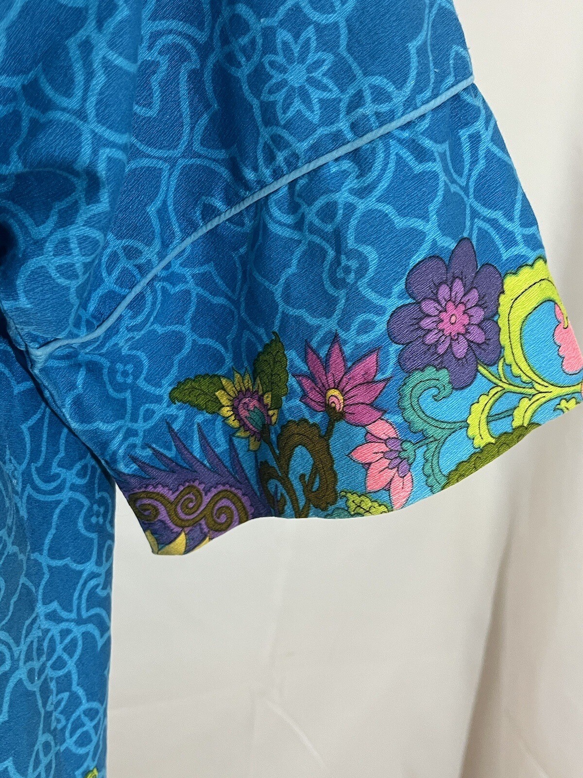 60s Lorraine Robe Barkcloth M Bright Colorful Floral Flaws READ Description Mod