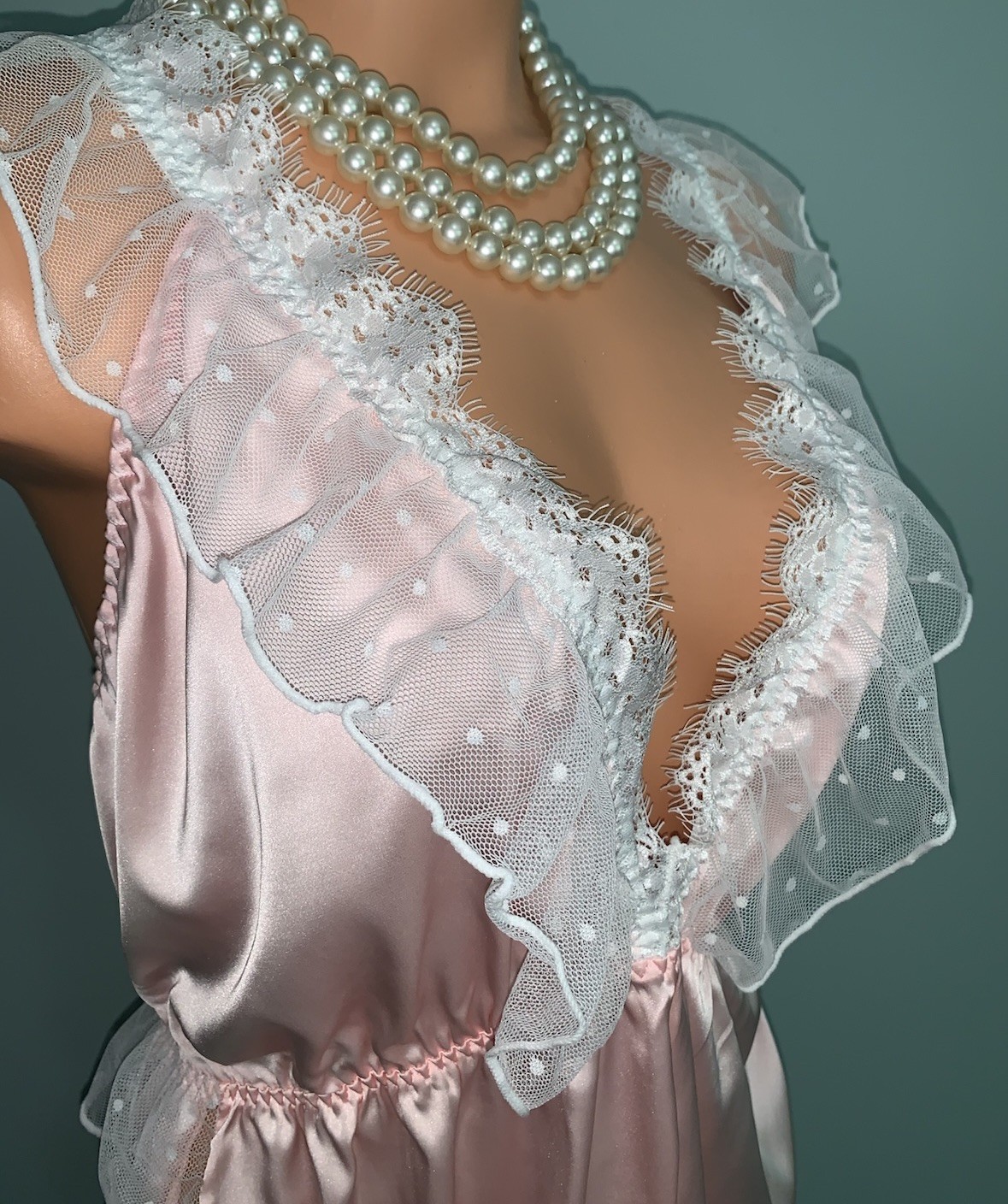 NEW GloSSy Satin Romper Bodysuit Teddy 2X Frilly SOFT Pink Polkadot Fairycore