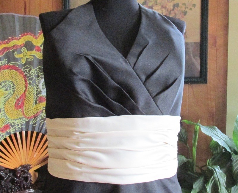 VTG Saison Blanche Black Brushed Satin Short Halter Dress Tan Cummerbund SZ 12