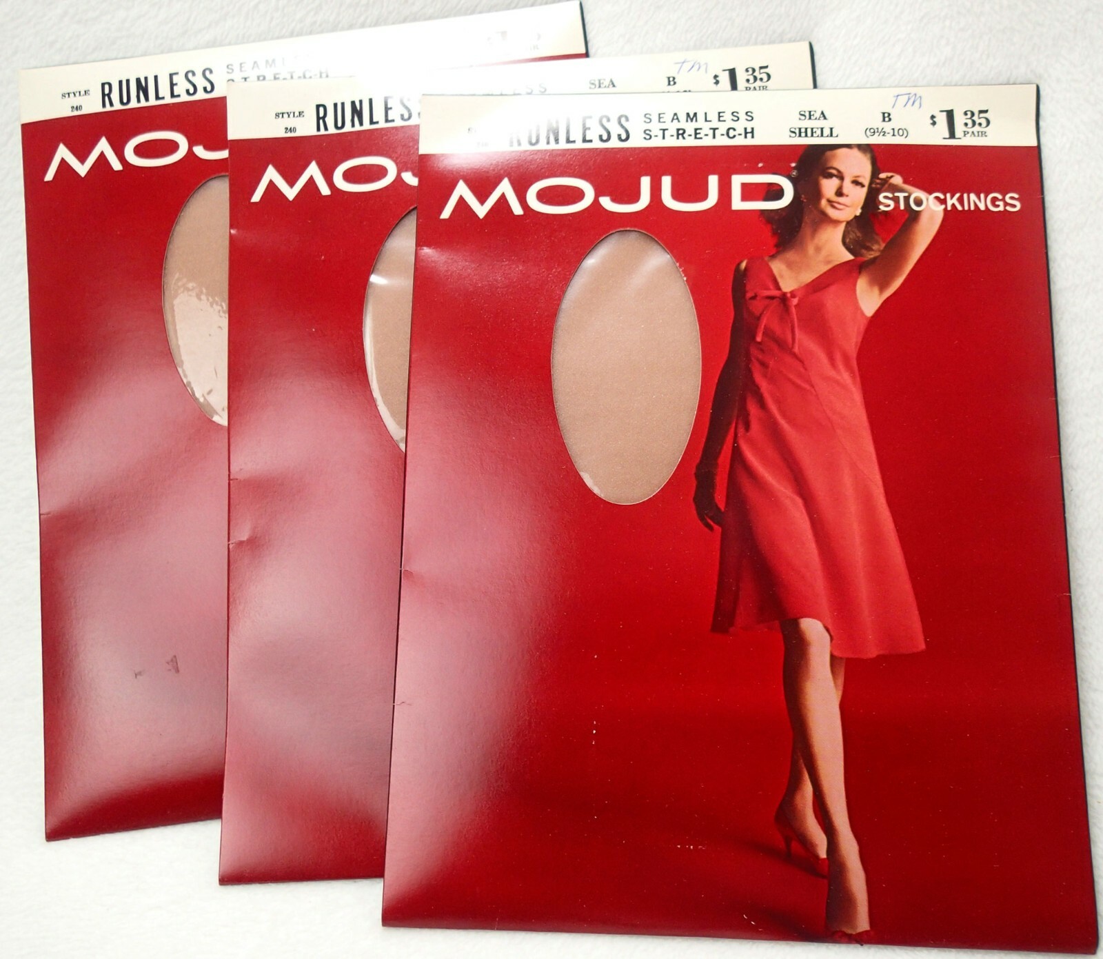 VTG NOS Mojud Seamless Runless 240 Sea Shell B 9 1/2-10 Stockings 3 Pairs