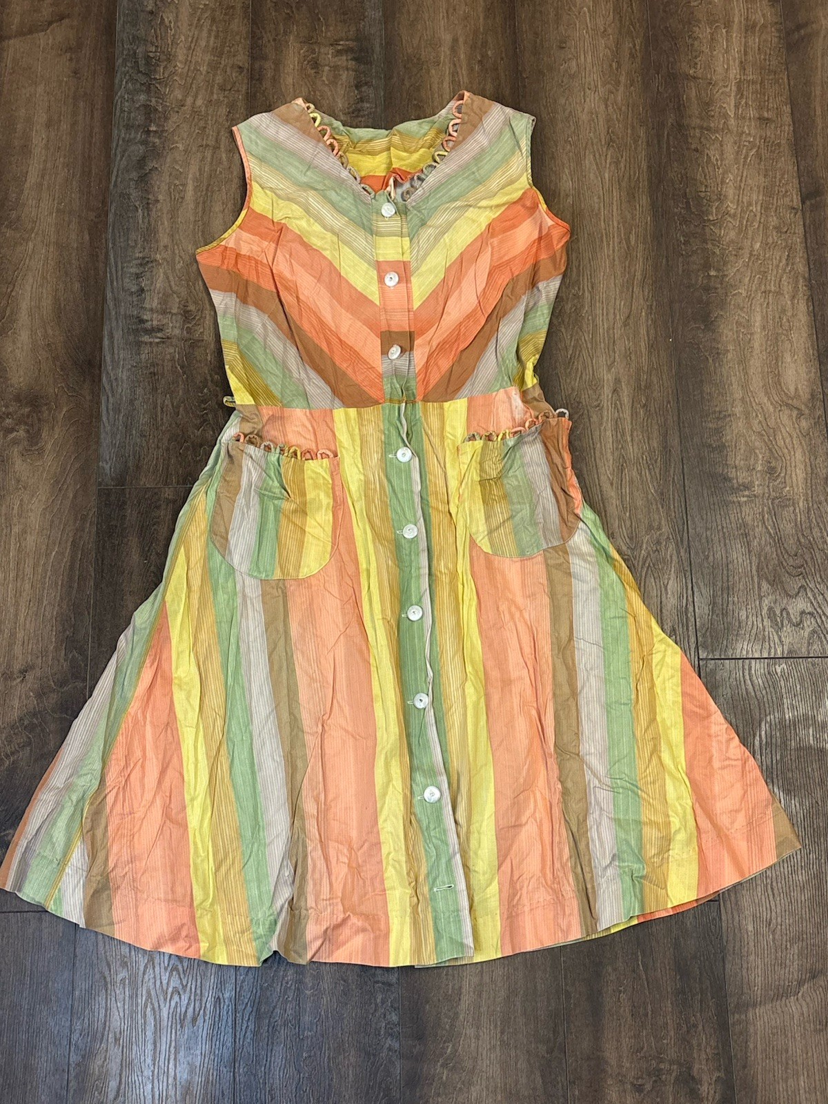 Vtg Penney’s Brentwood Striped Day Dress Women’s Medium Button Sleeveless 60s
