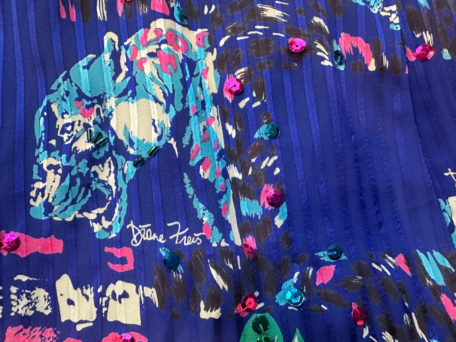 Vintage Blue and Pink Sequin Panther and Floral Print Midi Dress Diane Freis